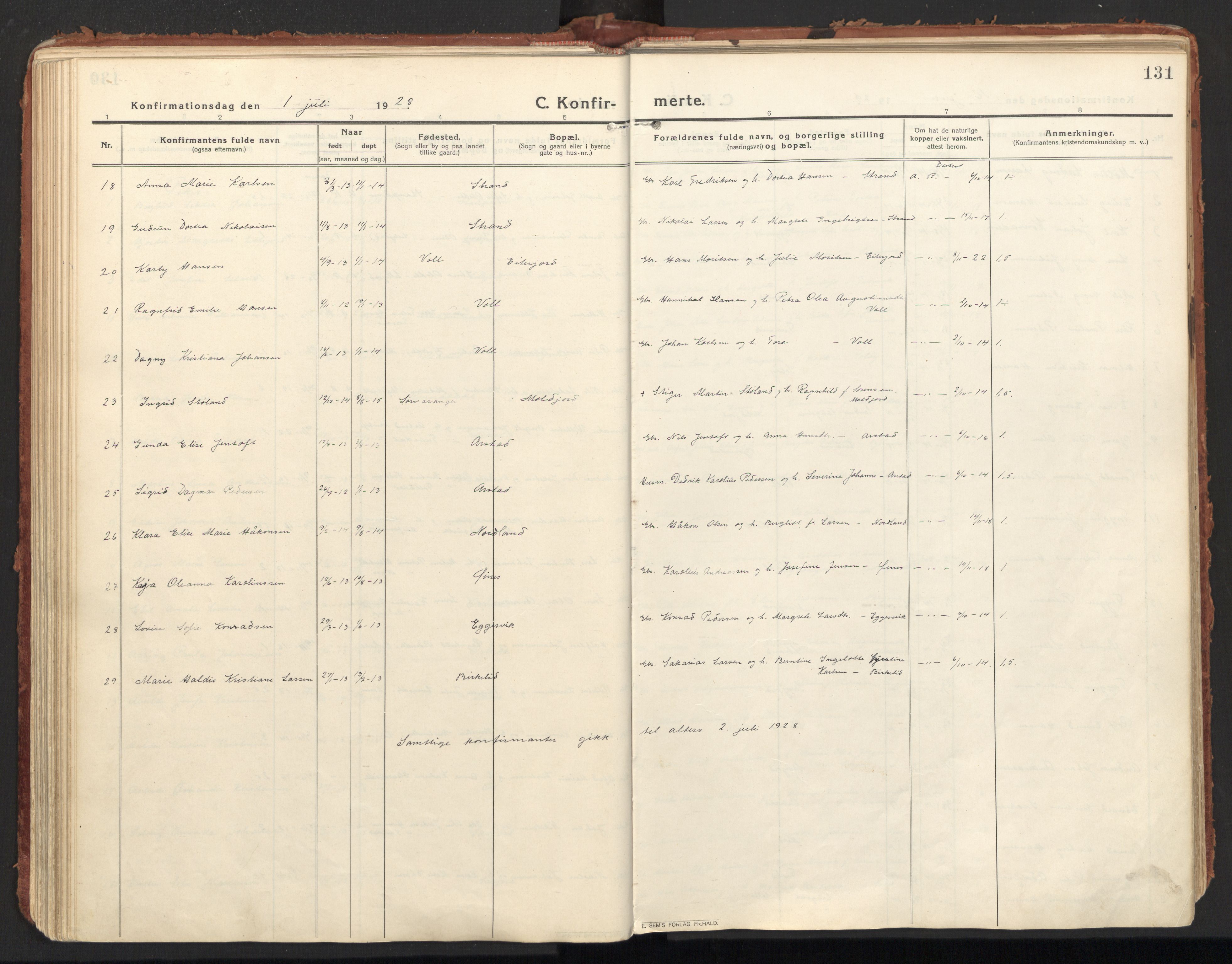 Ministerialprotokoller, klokkerbøker og fødselsregistre - Nordland, AV/SAT-A-1459/846/L0650: Parish register (official) no. 846A08, 1916-1935, p. 131