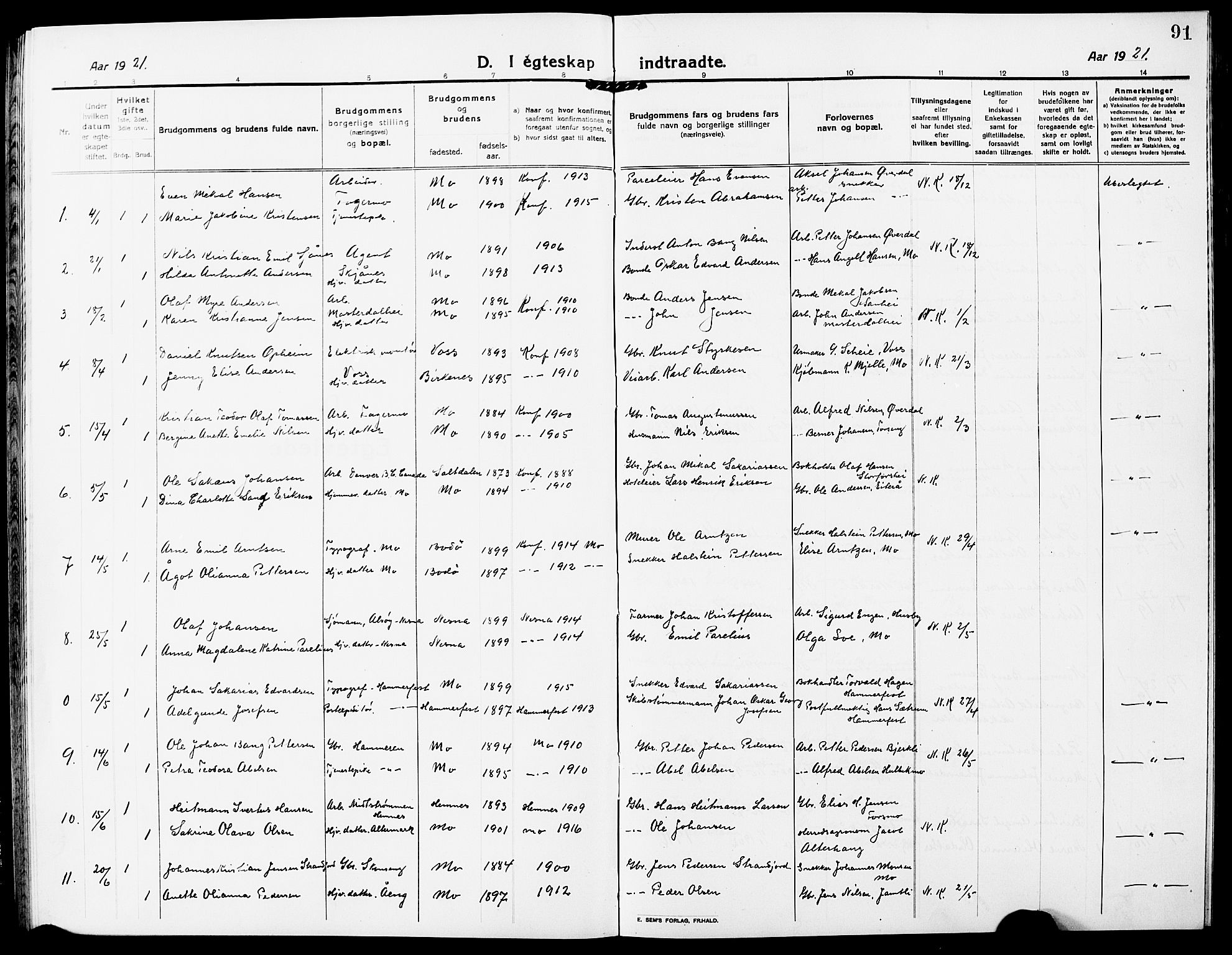 Ministerialprotokoller, klokkerbøker og fødselsregistre - Nordland, AV/SAT-A-1459/827/L0424: Parish register (copy) no. 827C13, 1921-1930, p. 91