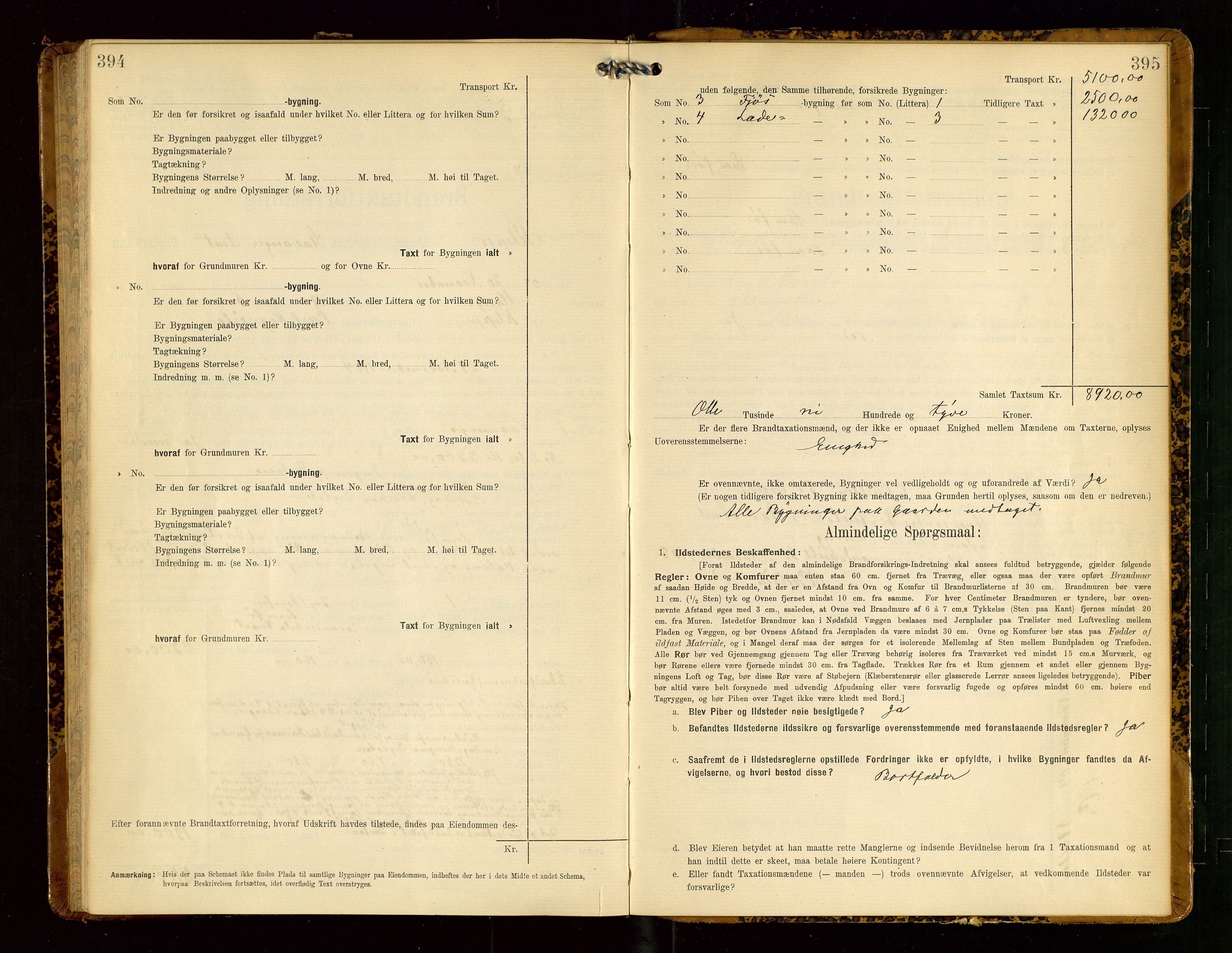 Klepp lensmannskontor, SAST/A-100163/Goc/L0005: "Brandtaxationsprotokol" m/register, 1908, p. 394-395