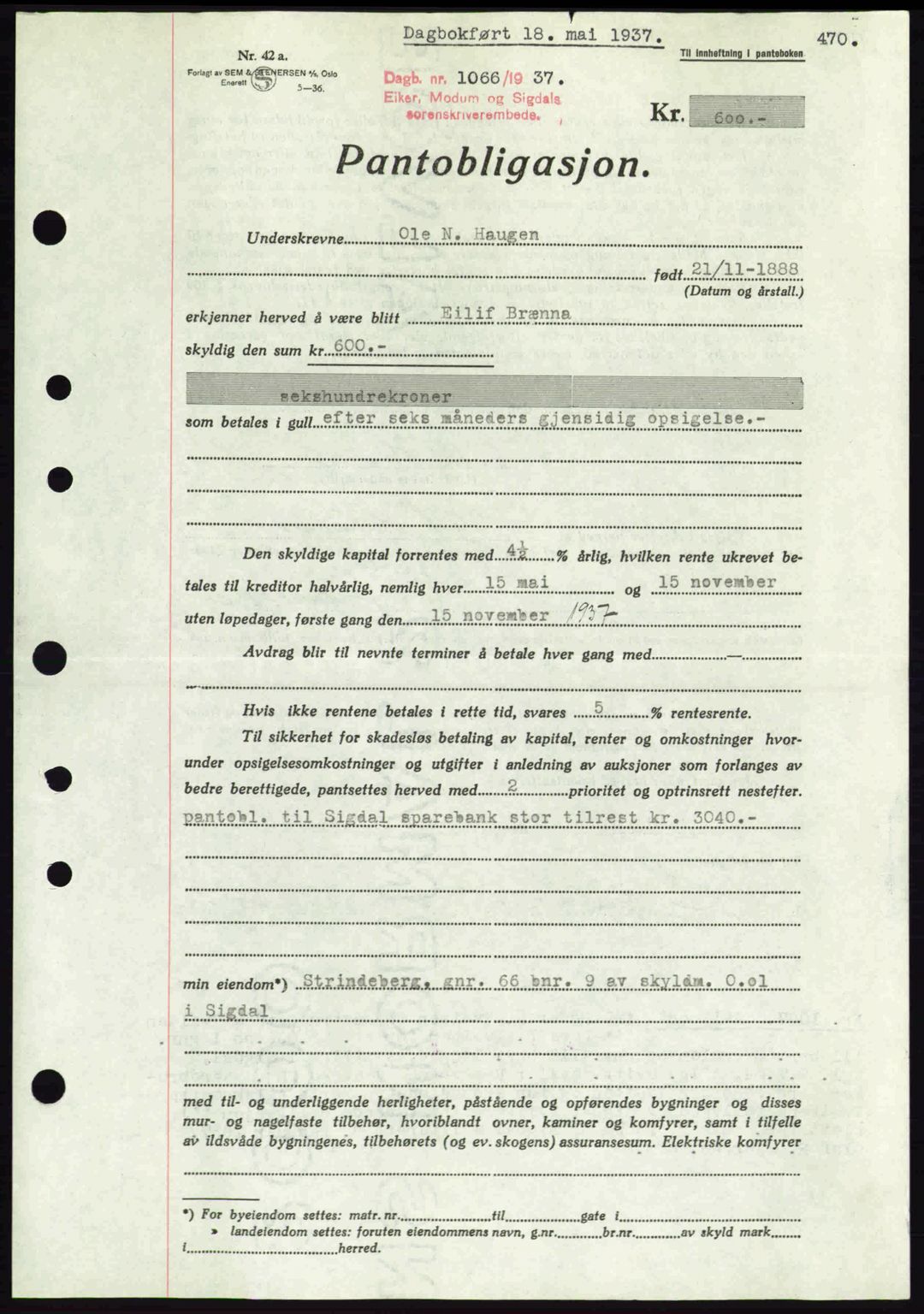 Eiker, Modum og Sigdal sorenskriveri, SAKO/A-123/G/Ga/Gab/L0035: Mortgage book no. A5, 1937-1937, Diary no: : 1066/1937