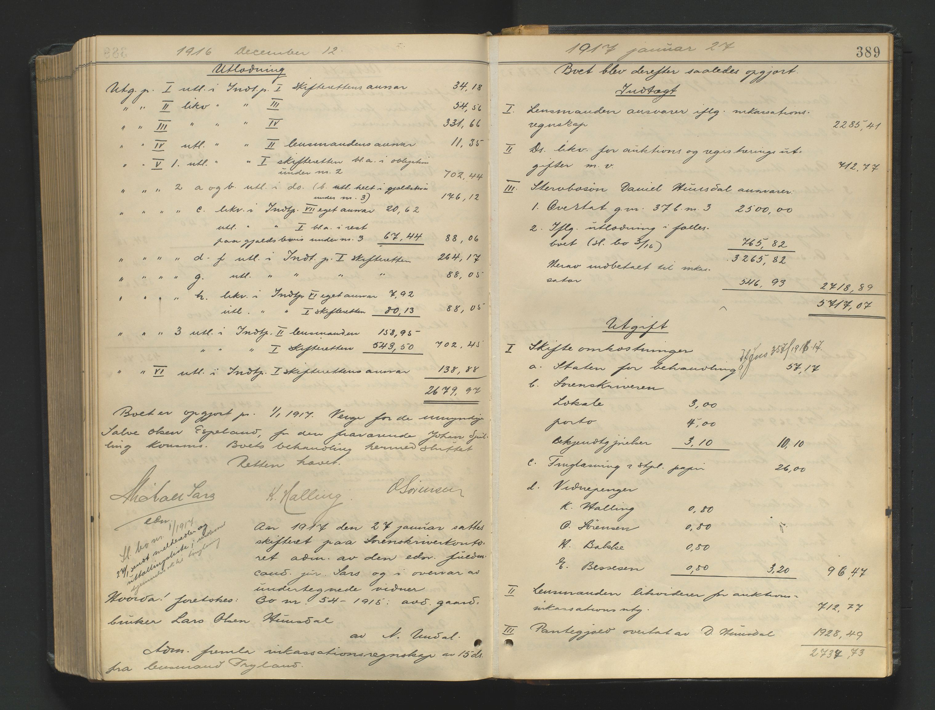 Mandal sorenskriveri, SAK/1221-0005/001/H/Hc/L0098: Skifteutlodningsprotokoll nr 7, 1910-1917, p. 389