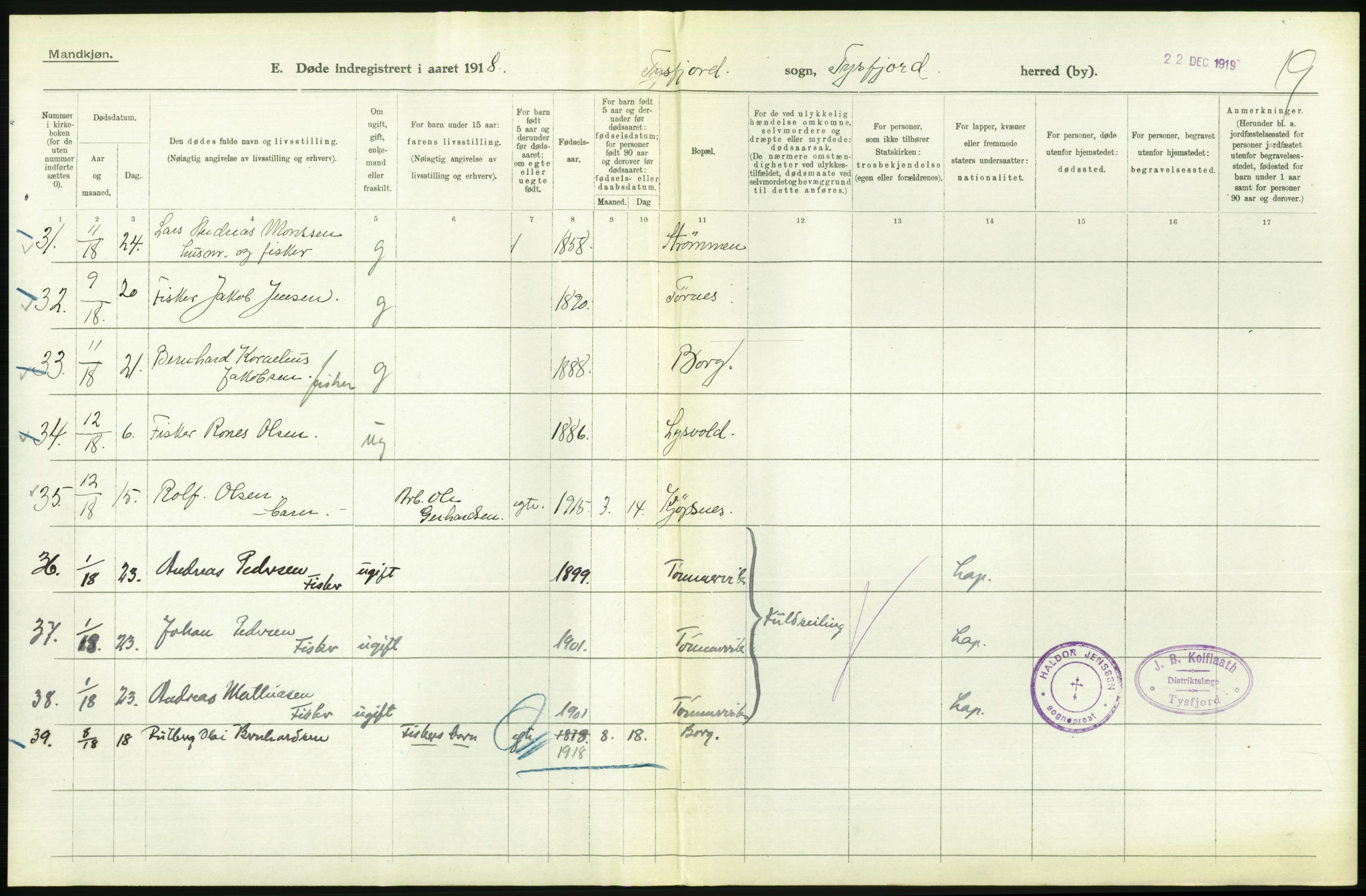 Statistisk sentralbyrå, Sosiodemografiske emner, Befolkning, AV/RA-S-2228/D/Df/Dfb/Dfbh/L0055: Nordland fylke: Døde. Bygder og byer., 1918, p. 362