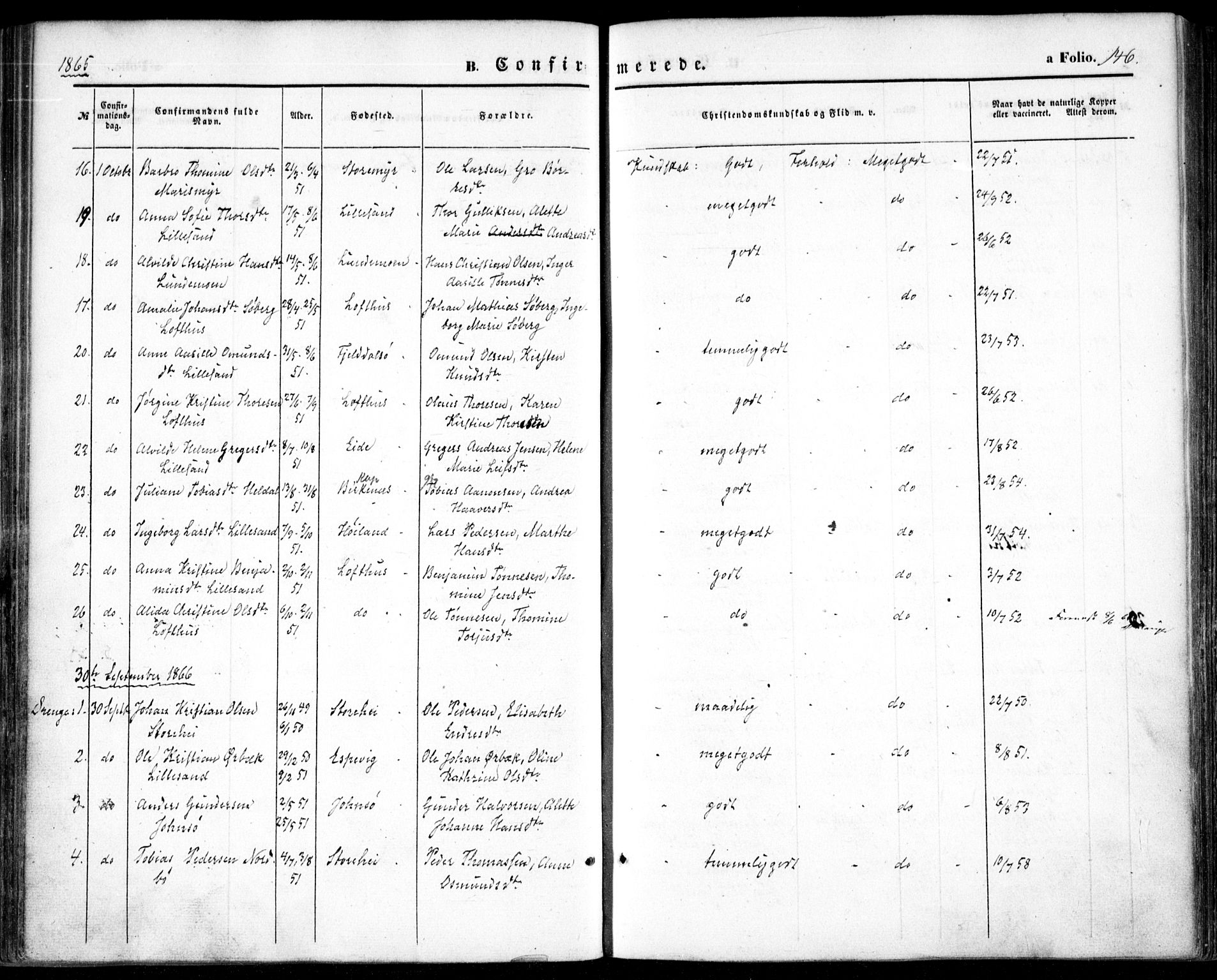 Vestre Moland sokneprestkontor, SAK/1111-0046/F/Fa/Fab/L0007: Parish register (official) no. A 7, 1859-1872, p. 146