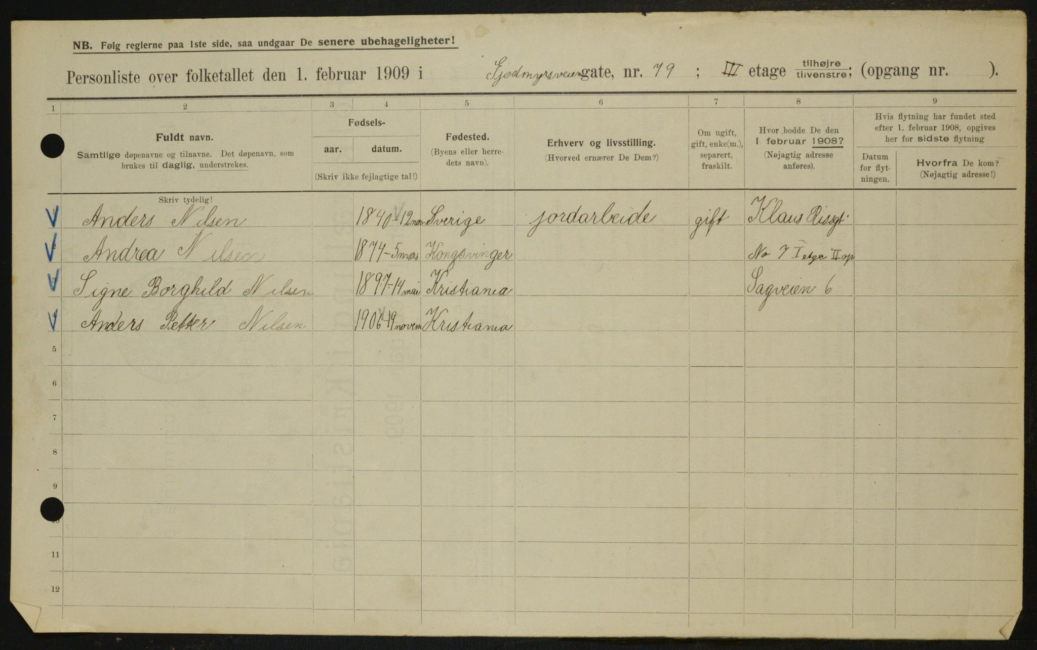 OBA, Municipal Census 1909 for Kristiania, 1909, p. 26396