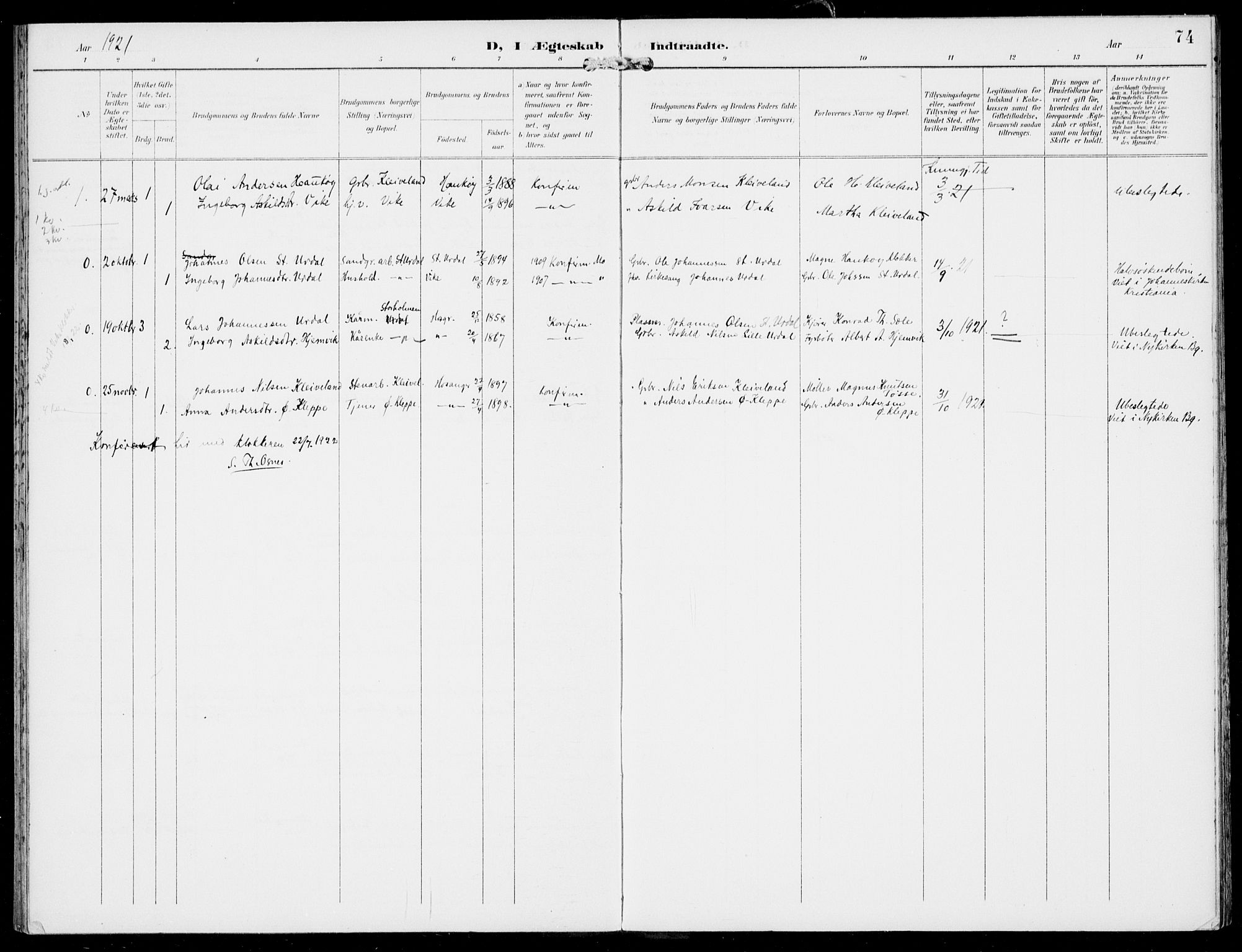 Hosanger sokneprestembete, SAB/A-75801/H/Haa: Parish register (official) no. D  1, 1896-1922, p. 74