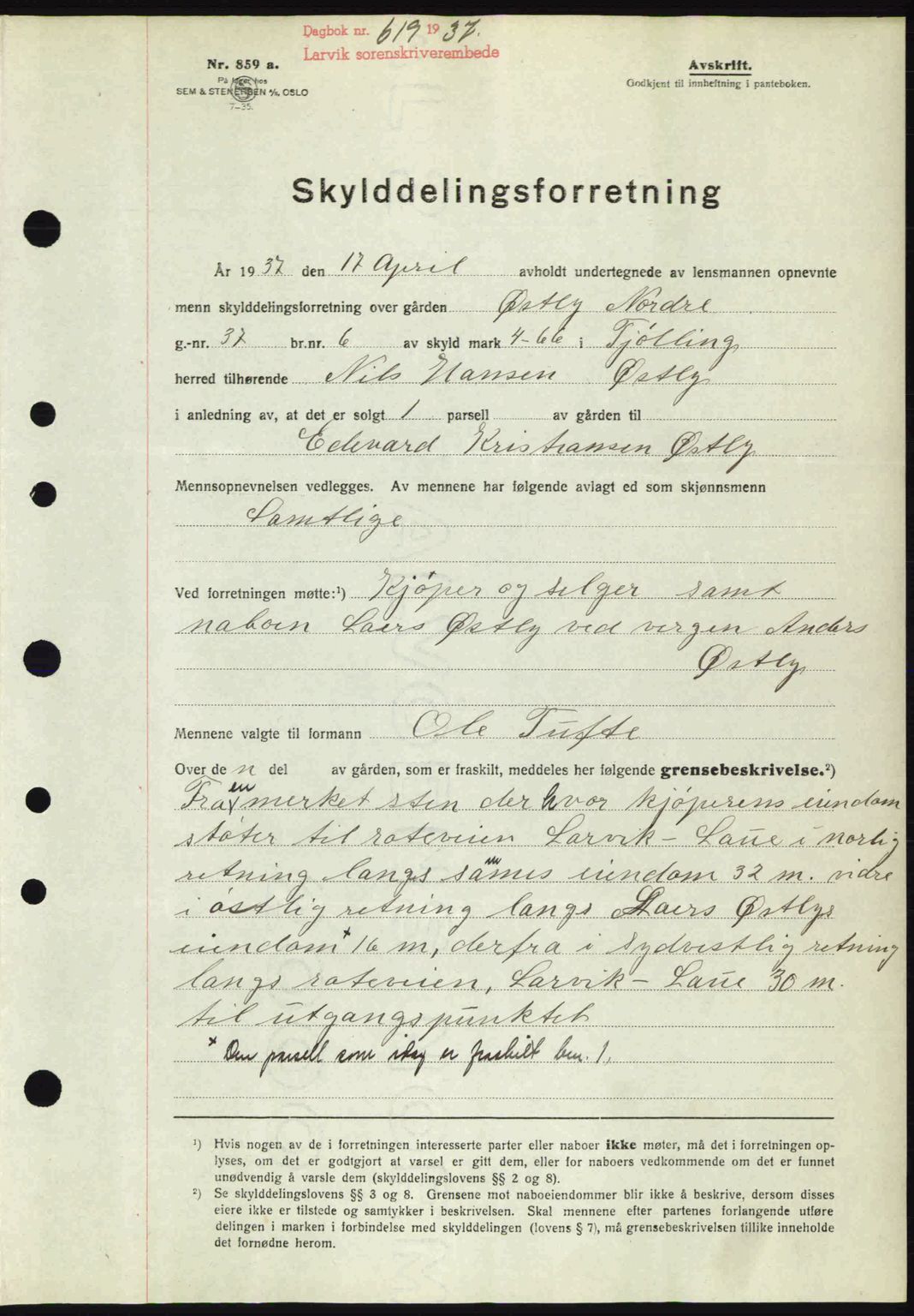Larvik sorenskriveri, SAKO/A-83/G/Ga/Gab/L0067: Mortgage book no. A-1, 1936-1937, Diary no: : 619/1937