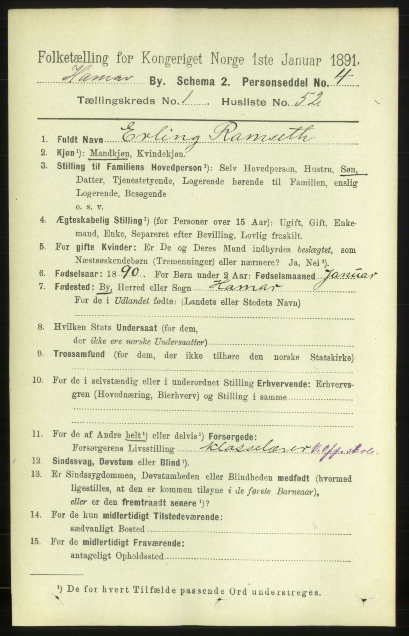 RA, 1891 census for 0401 Hamar, 1891, p. 910