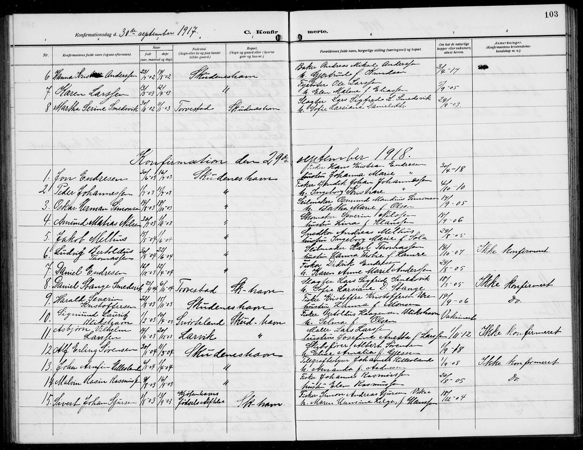 Skudenes sokneprestkontor, SAST/A -101849/H/Ha/Hab/L0010: Parish register (copy) no. B 10, 1908-1936, p. 103