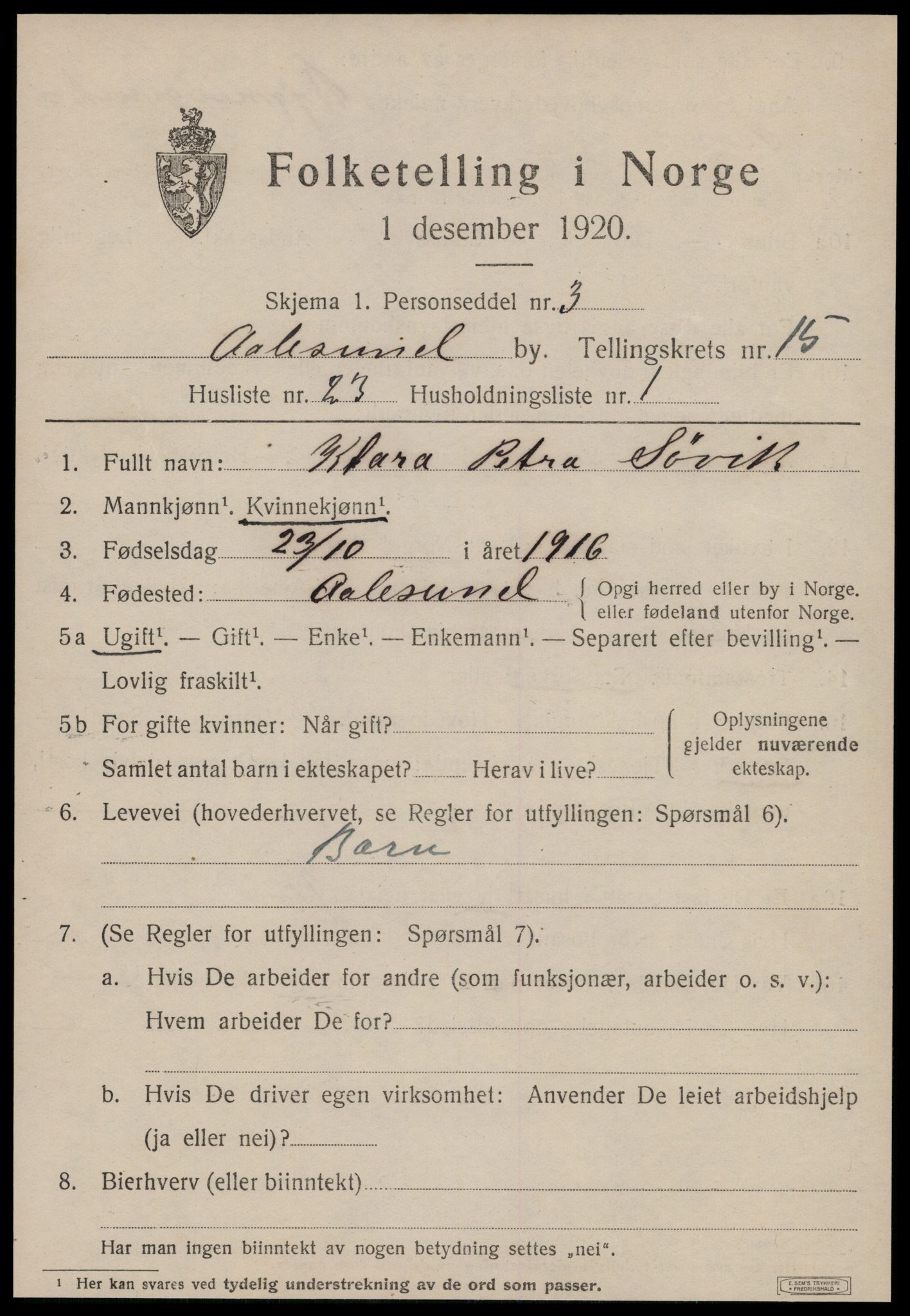 SAT, 1920 census for Ålesund, 1920, p. 30274