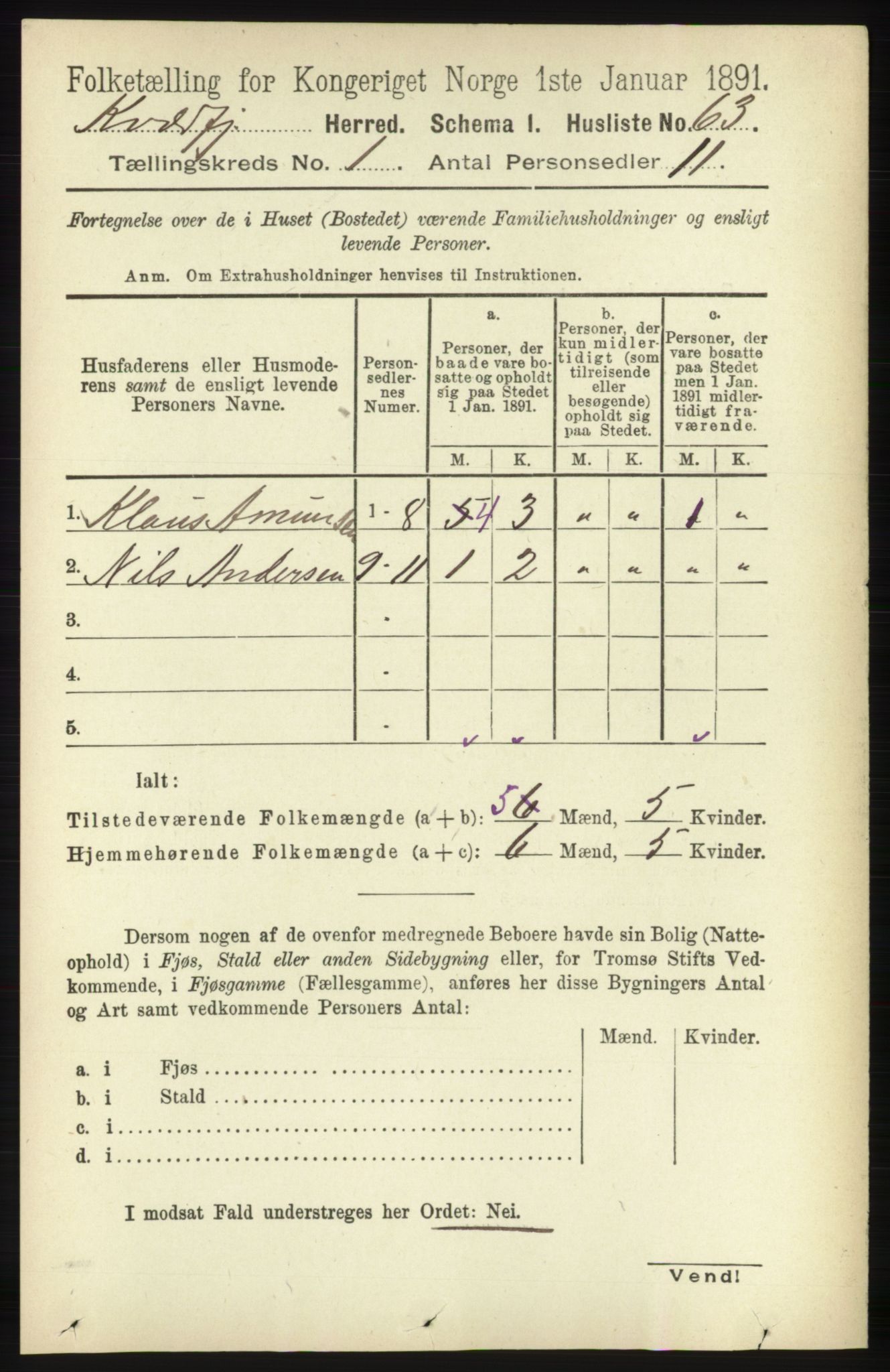 RA, 1891 census for 1911 Kvæfjord, 1891, p. 83