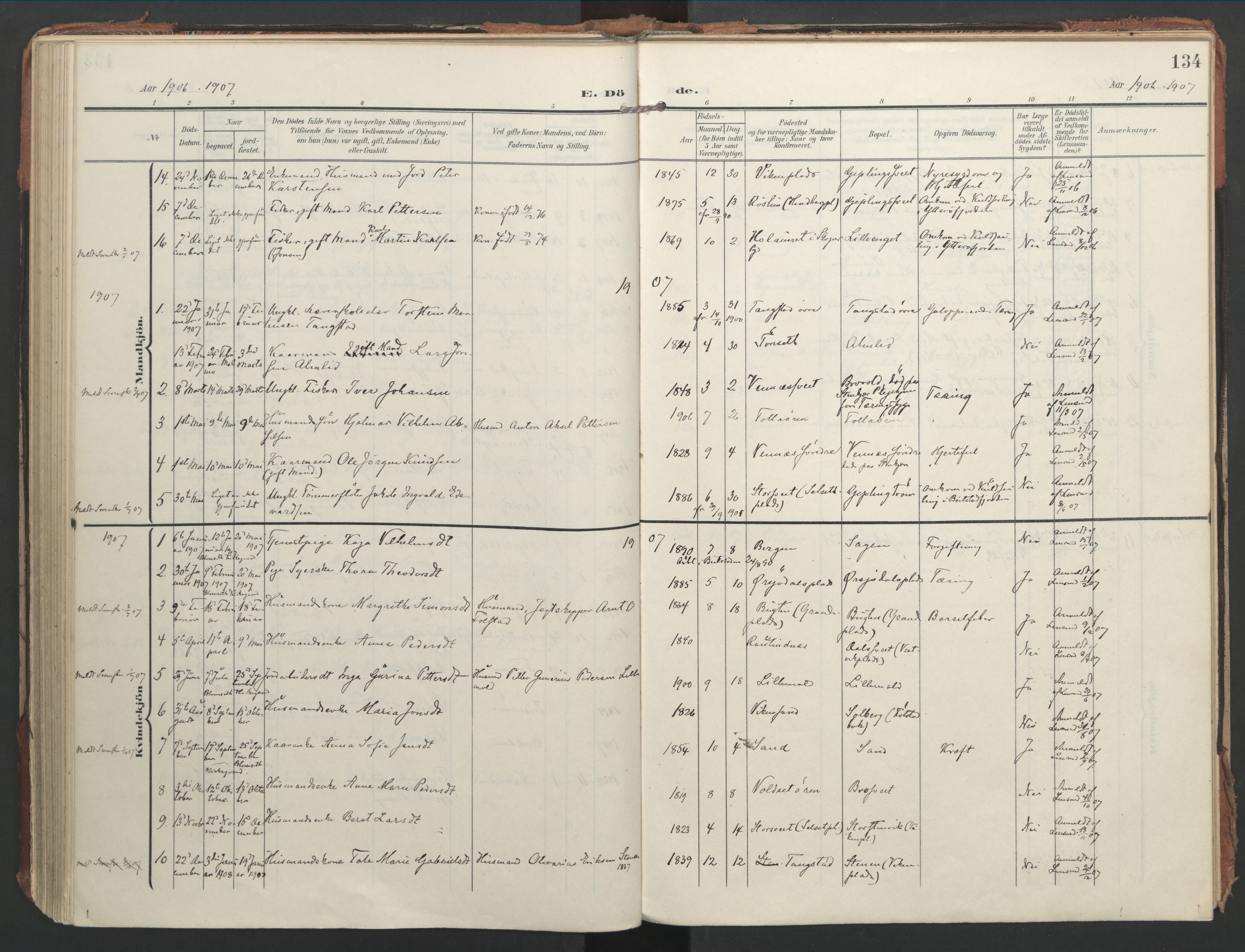 Ministerialprotokoller, klokkerbøker og fødselsregistre - Nord-Trøndelag, SAT/A-1458/744/L0421: Parish register (official) no. 744A05, 1905-1930, p. 134