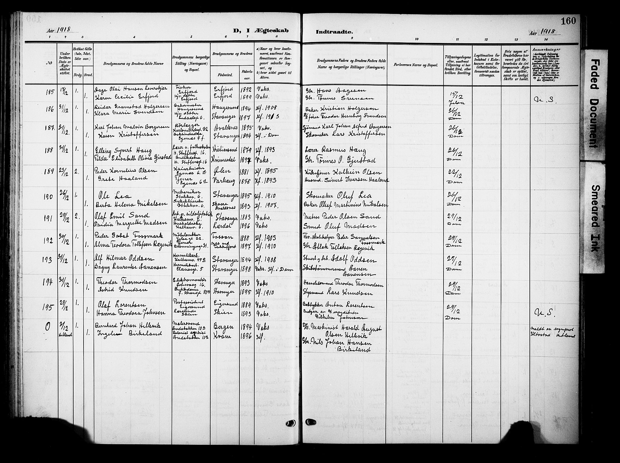Domkirken sokneprestkontor, SAST/A-101812/001/30/30BB/L0017: Parish register (copy) no. B 17, 1902-1921, p. 160