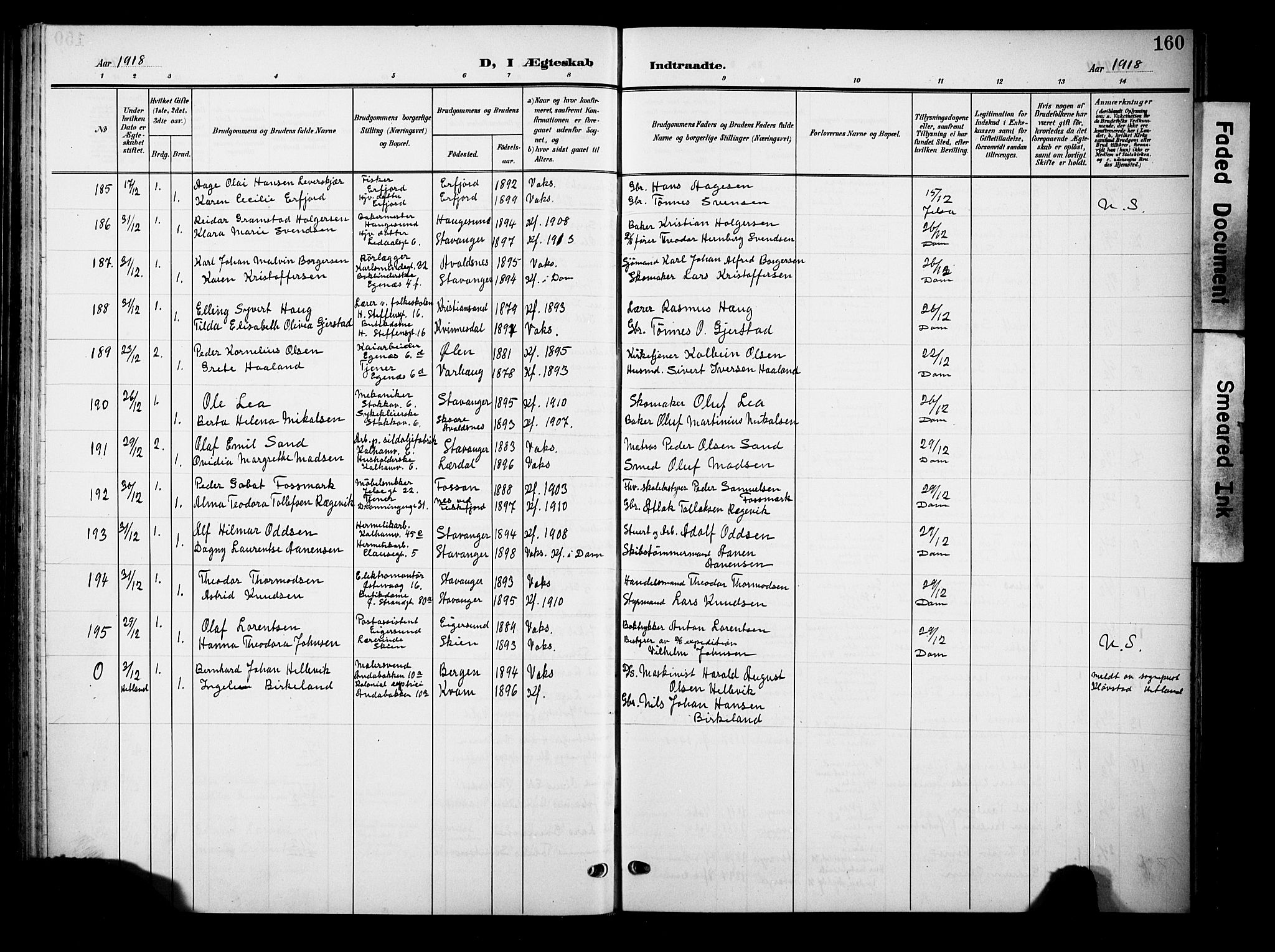 Domkirken sokneprestkontor, AV/SAST-A-101812/001/30/30BB/L0017: Parish register (copy) no. B 17, 1902-1921, p. 160