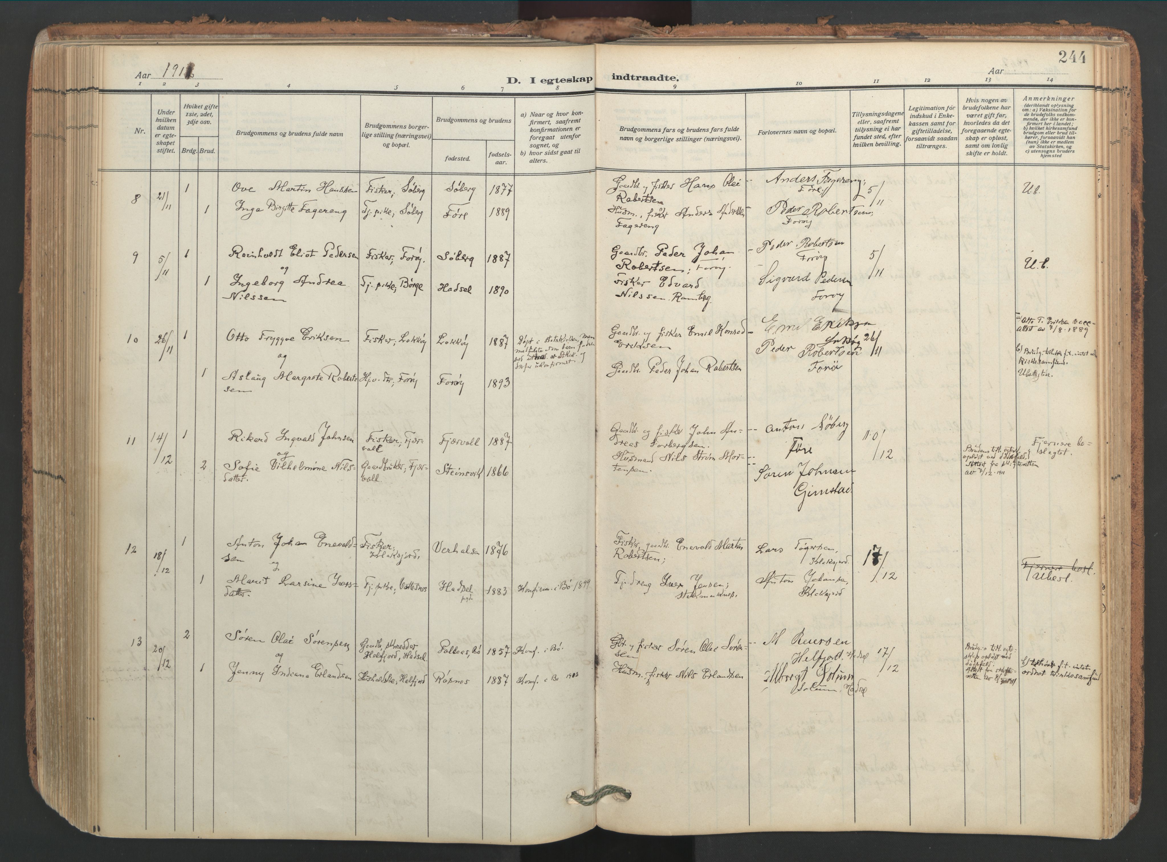 Ministerialprotokoller, klokkerbøker og fødselsregistre - Nordland, AV/SAT-A-1459/891/L1306: Parish register (official) no. 891A11, 1911-1927, p. 244