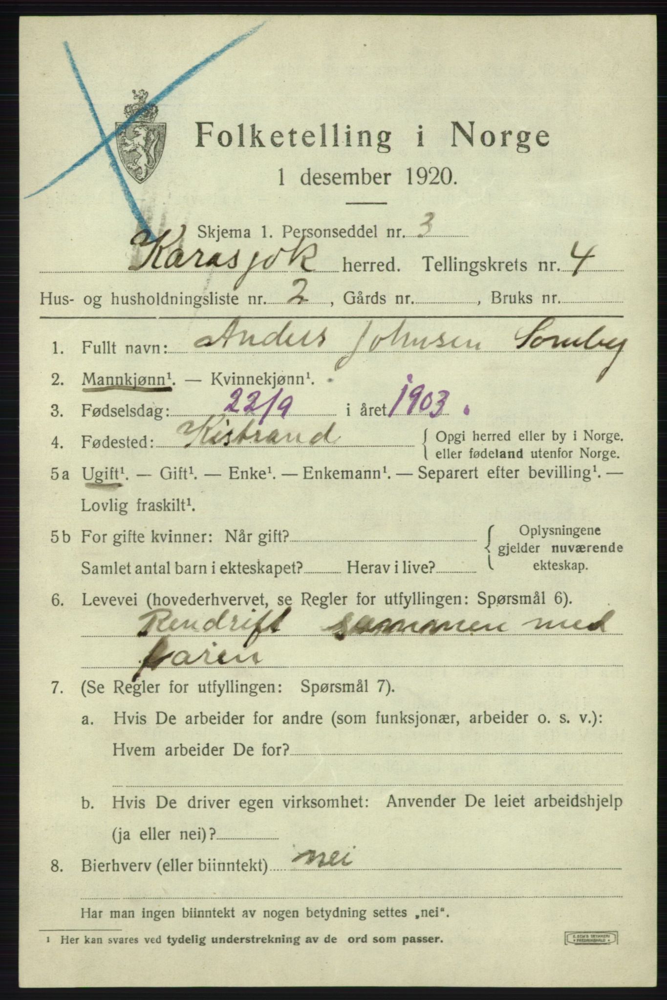 SATØ, 1920 census for Karasjok, 1920, p. 1646