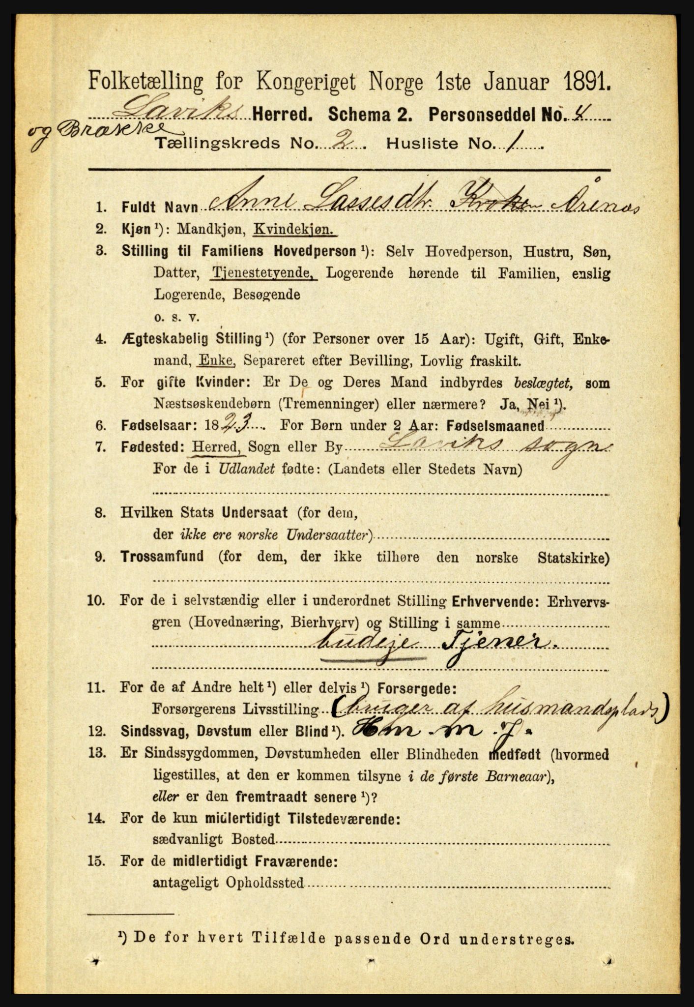 RA, 1891 census for 1415 Lavik og Brekke, 1891, p. 292