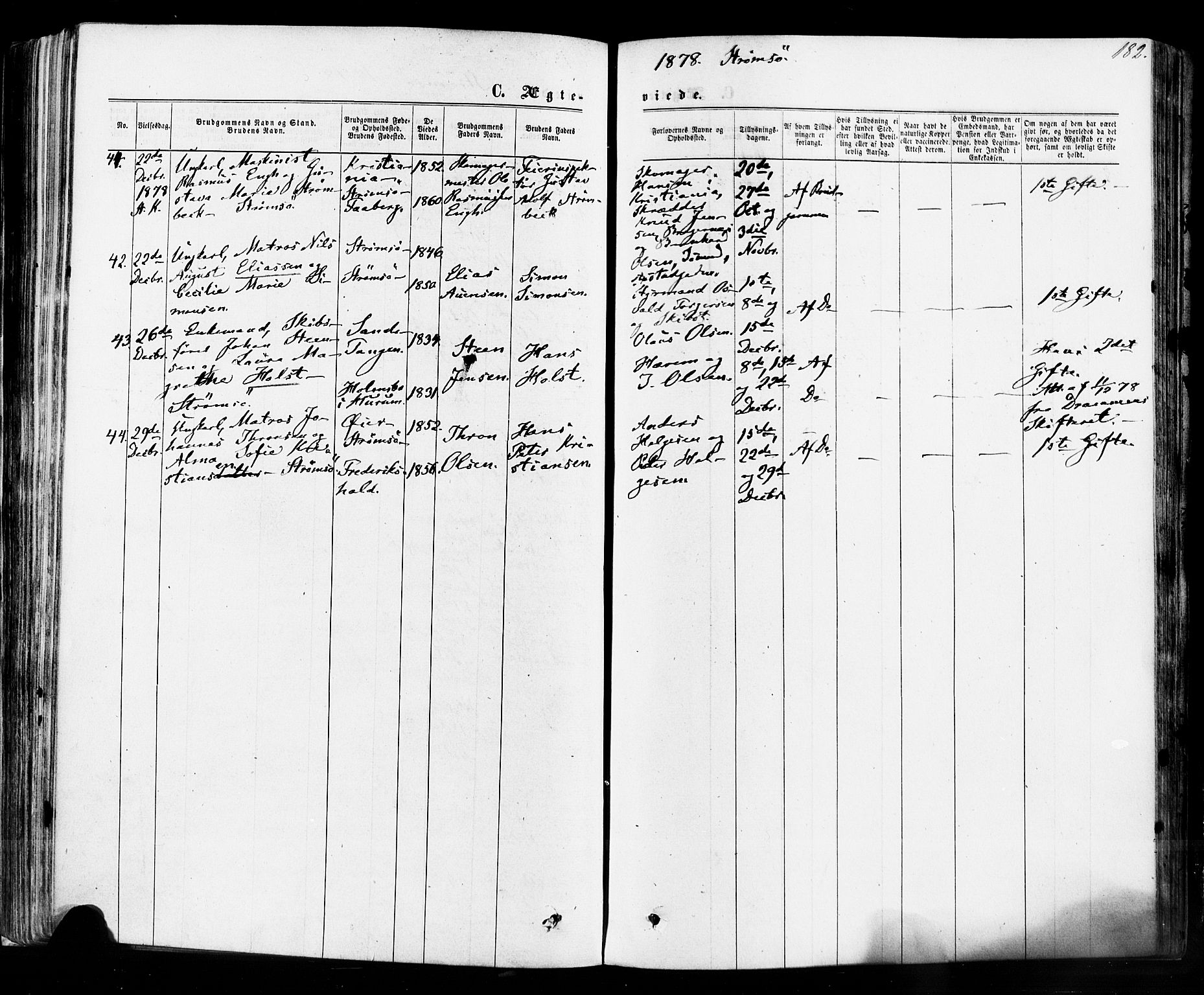 Strømsø kirkebøker, AV/SAKO-A-246/F/Fa/L0018: Parish register (official) no. I 18, 1865-1878, p. 182