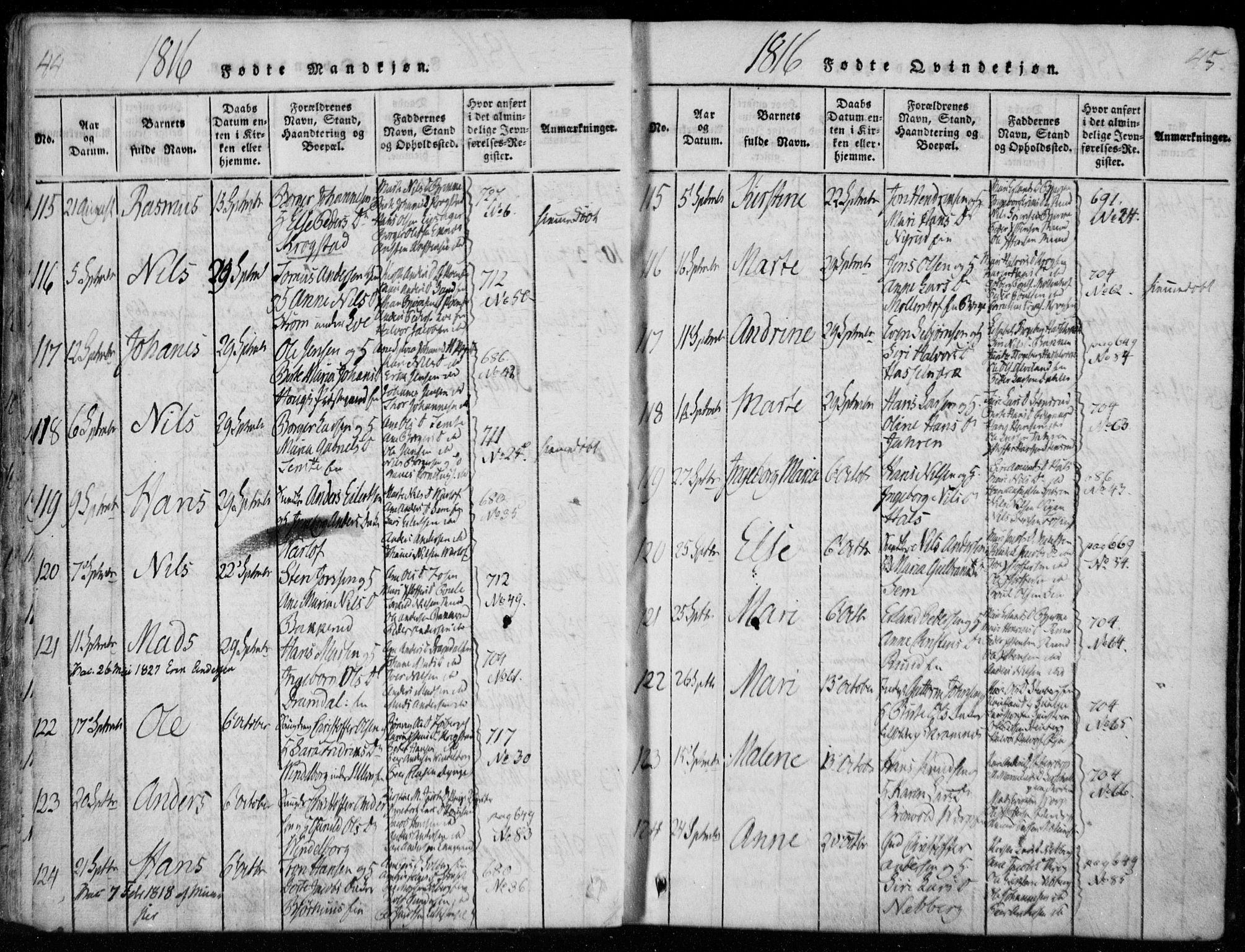 Eiker kirkebøker, AV/SAKO-A-4/F/Fa/L0011: Parish register (official) no. I 11, 1814-1827, p. 44-45