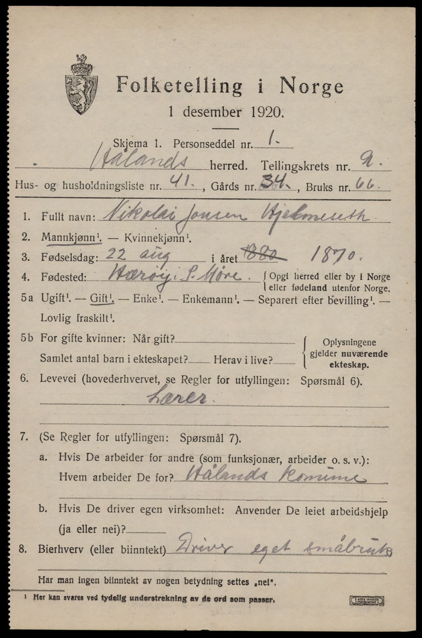 SAST, 1920 census for Håland, 1920, p. 7407