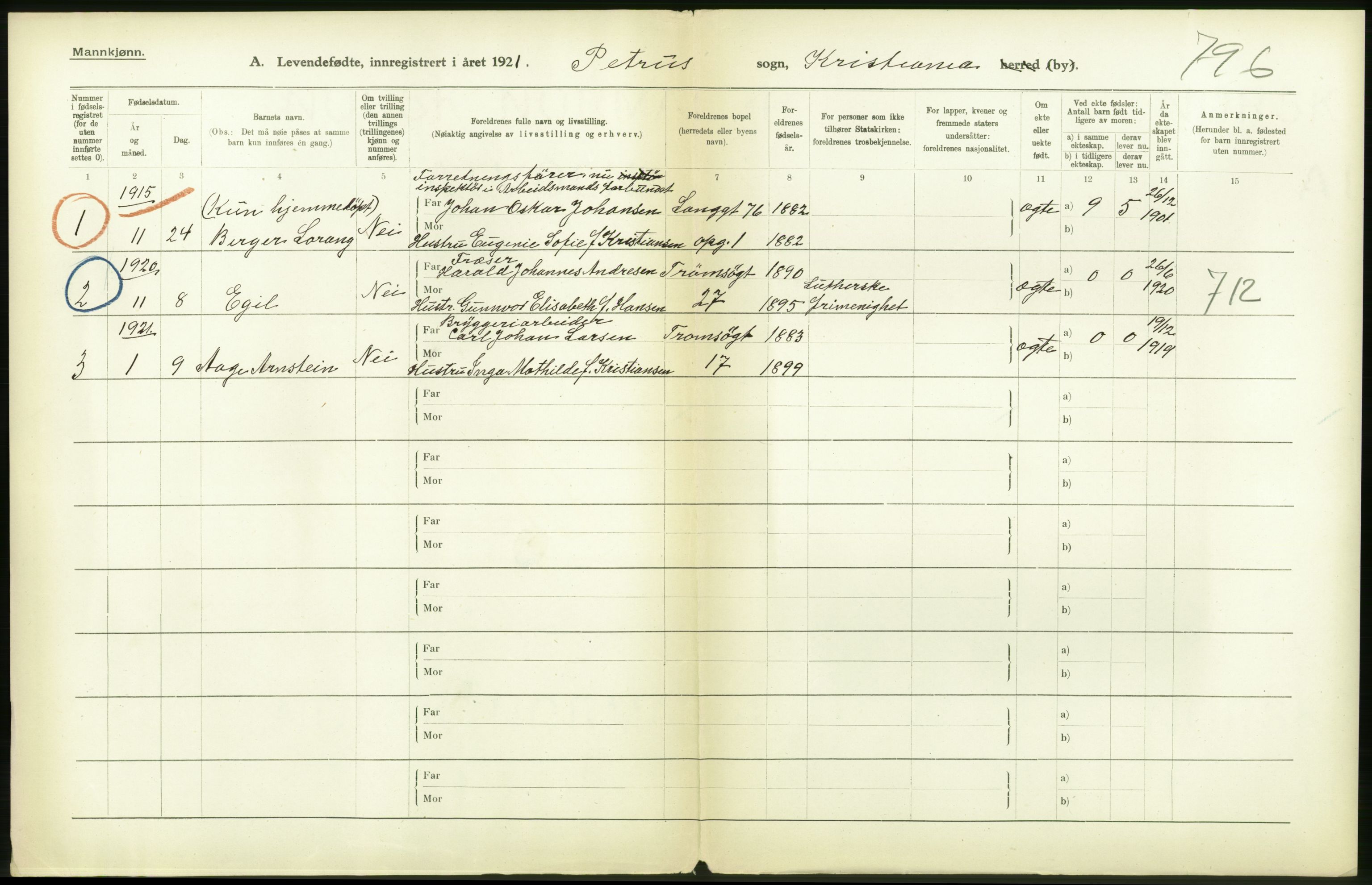 Statistisk sentralbyrå, Sosiodemografiske emner, Befolkning, AV/RA-S-2228/D/Df/Dfc/Dfca/L0008: Kristiania: Levendefødte menn og kvinner., 1921, p. 50