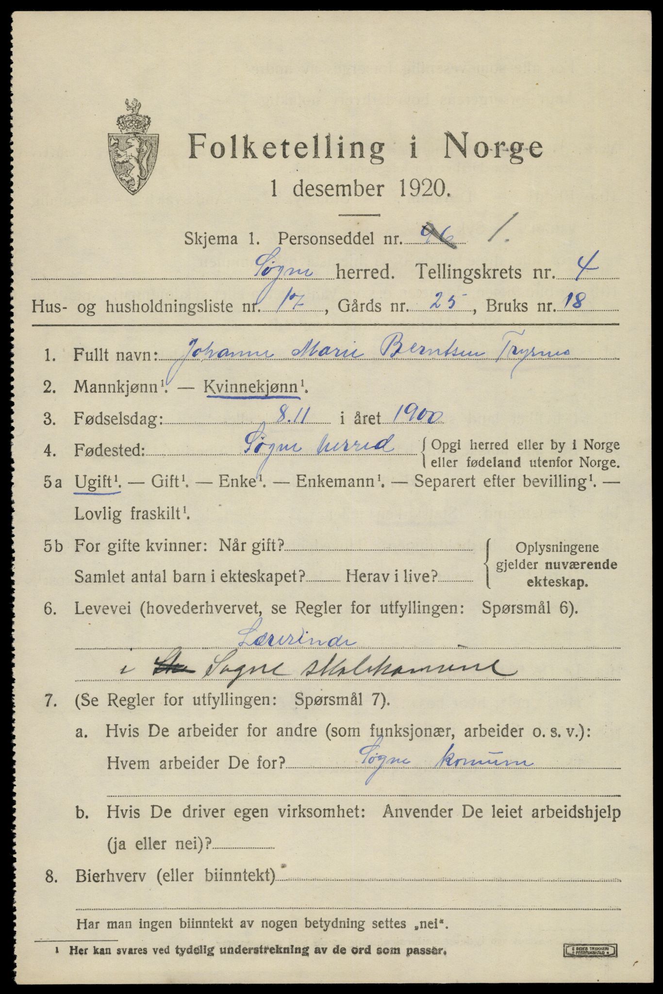 SAK, 1920 census for Søgne, 1920, p. 2179