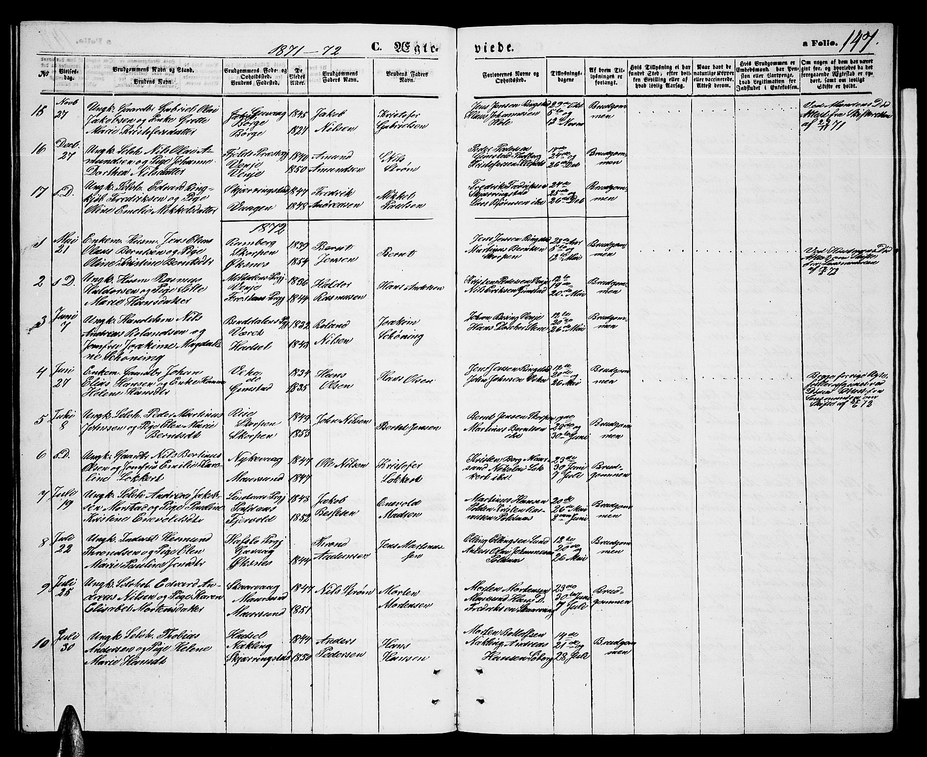 Ministerialprotokoller, klokkerbøker og fødselsregistre - Nordland, AV/SAT-A-1459/891/L1314: Parish register (copy) no. 891C03, 1870-1885, p. 147