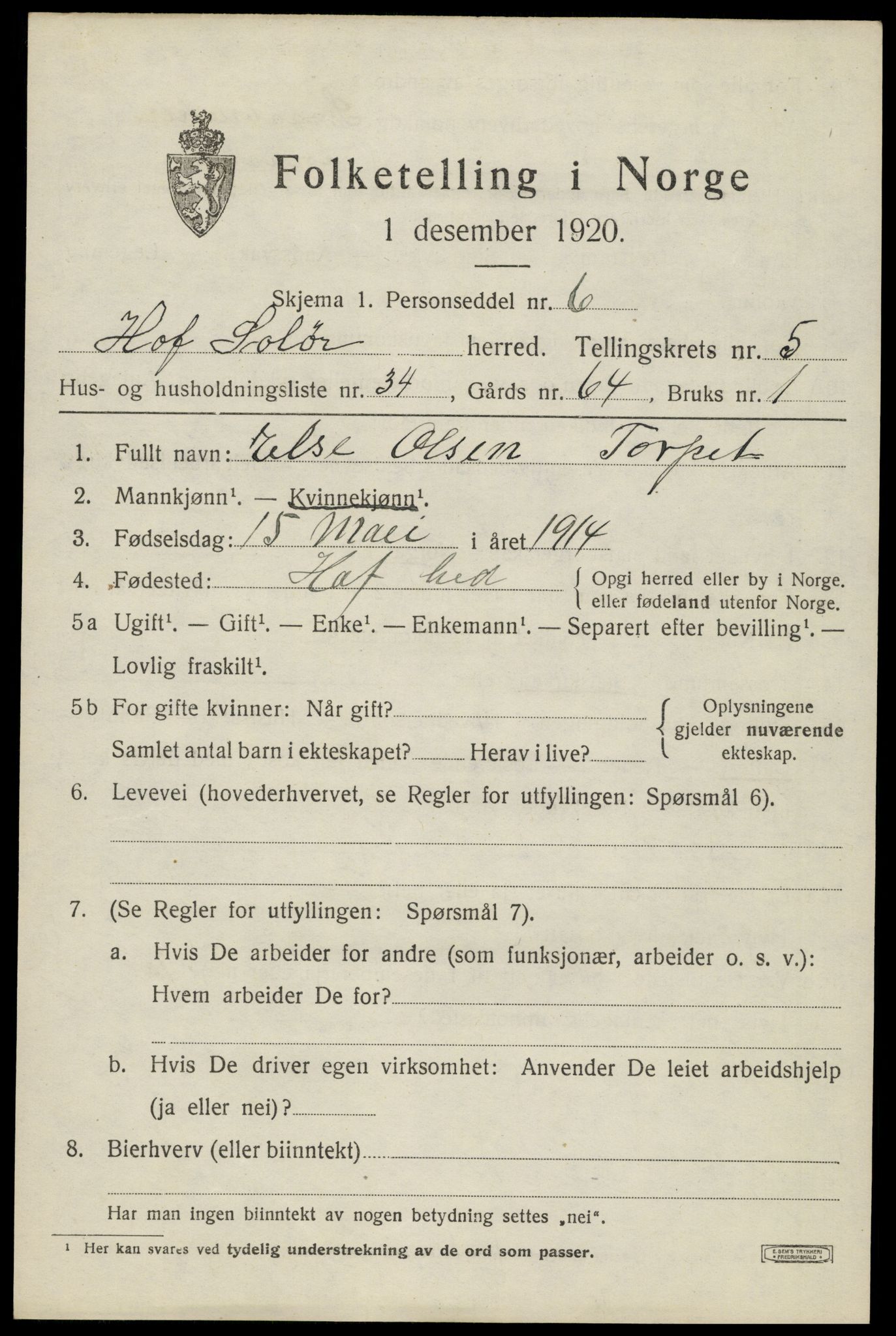 SAH, 1920 census for Hof, 1920, p. 7571