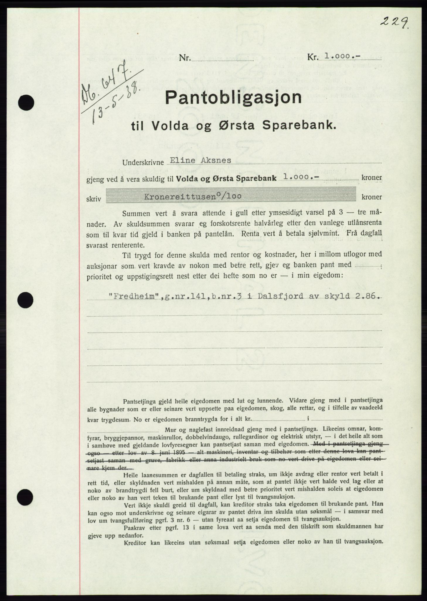 Søre Sunnmøre sorenskriveri, AV/SAT-A-4122/1/2/2C/L0065: Mortgage book no. 59, 1938-1938, Diary no: : 647/1938