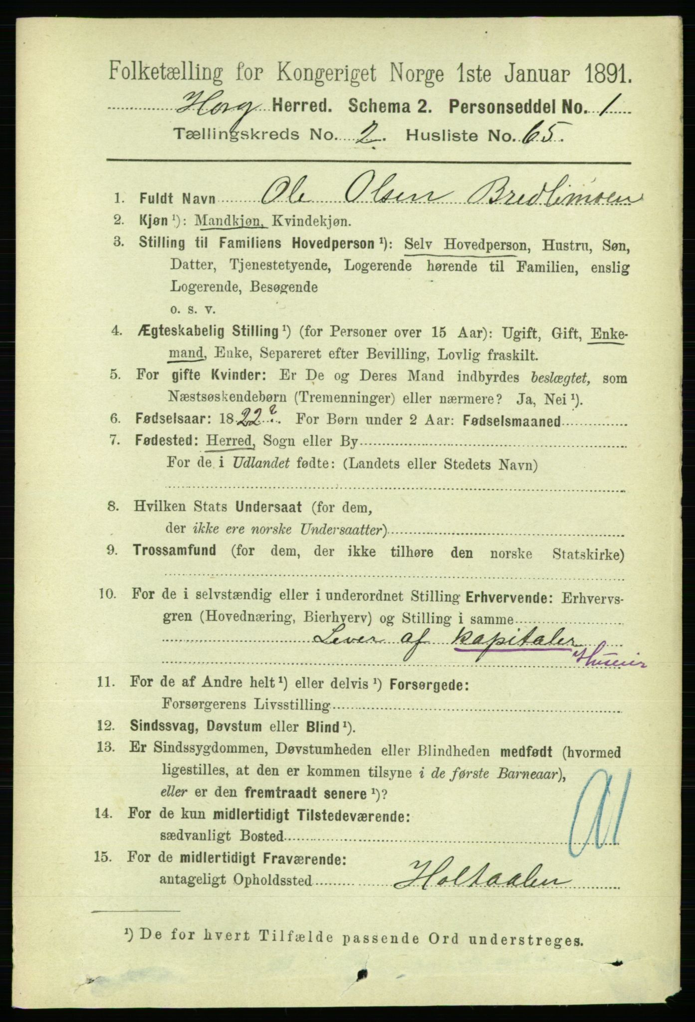 RA, 1891 census for 1650 Horg, 1891, p. 1031