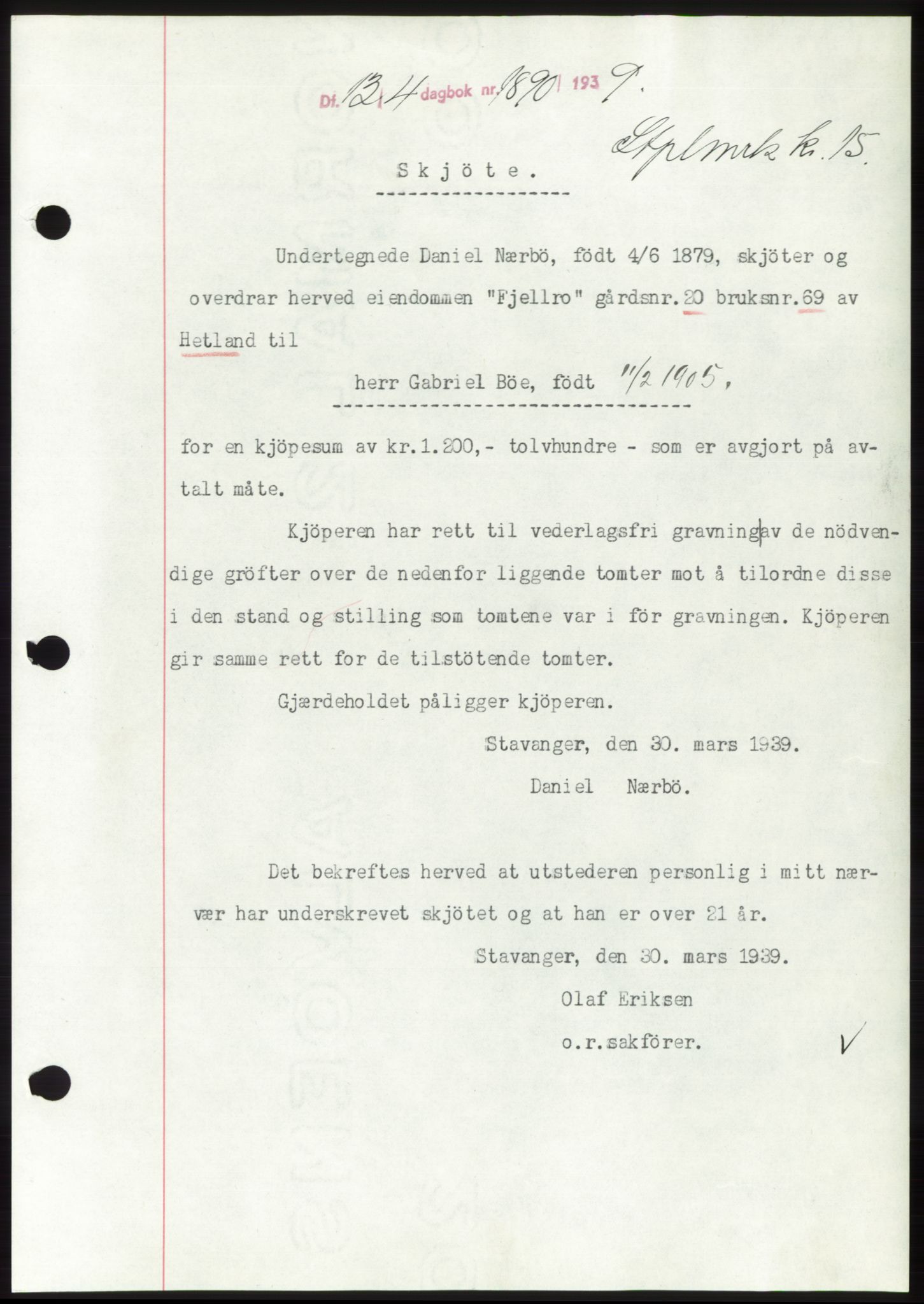 Jæren sorenskriveri, SAST/A-100310/03/G/Gba/L0074: Mortgage book, 1939-1939, Diary no: : 1890/1939