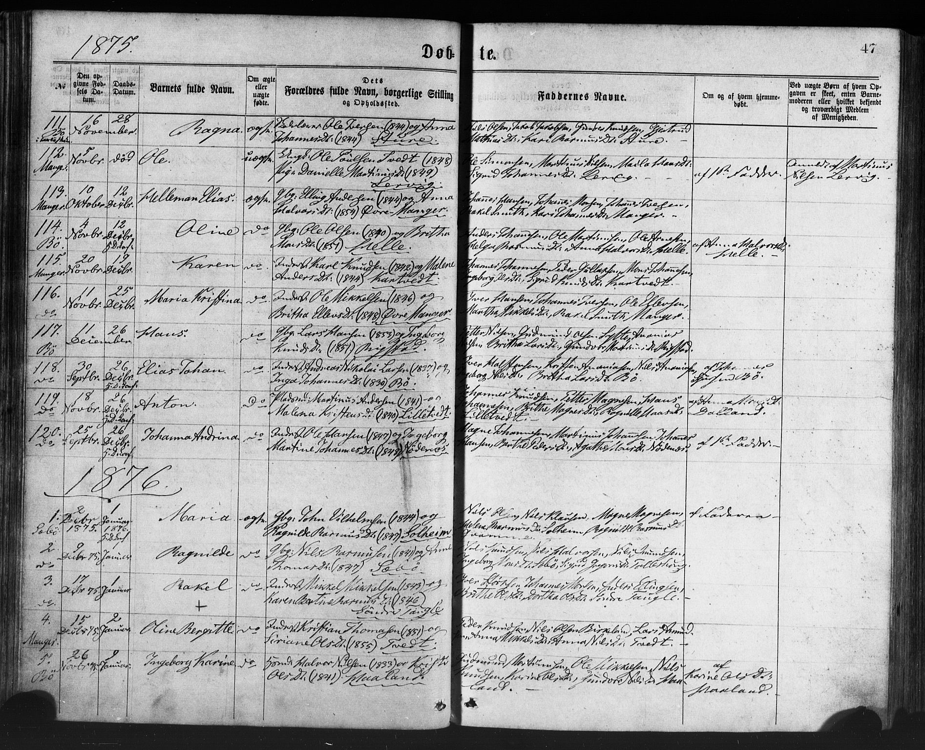 Manger sokneprestembete, SAB/A-76801/H/Haa: Parish register (official) no. A 8, 1871-1880, p. 47