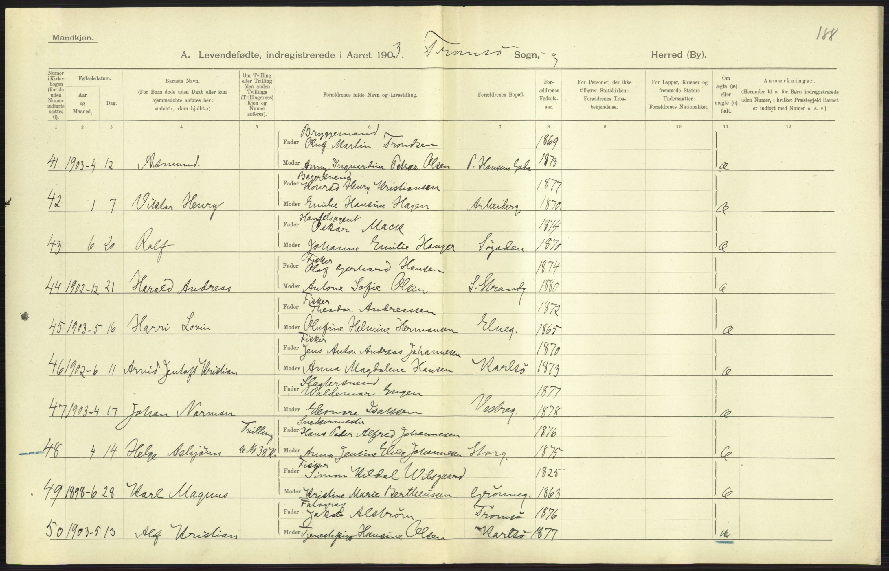 Statistisk sentralbyrå, Sosiodemografiske emner, Befolkning, AV/RA-S-2228/D/Df/Dfa/Dfaa/L0021: Tromsø amt: Fødte, gifte, døde., 1903, p. 289