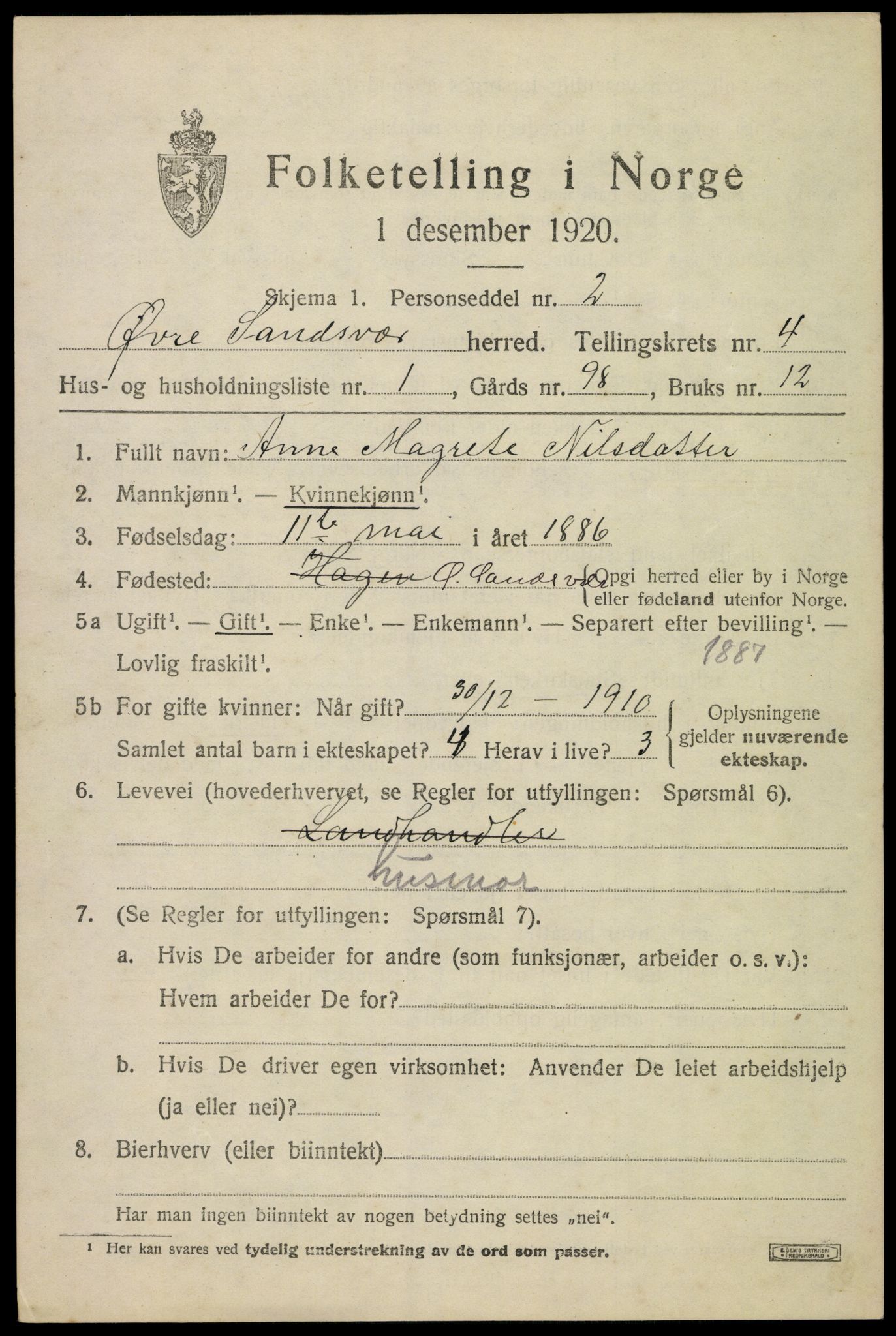 SAKO, 1920 census for Øvre Sandsvær, 1920, p. 2550