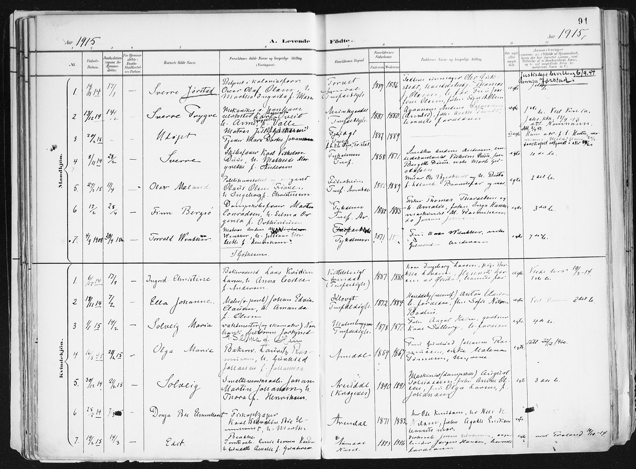 Arendal sokneprestkontor, Trefoldighet, SAK/1111-0040/F/Fa/L0010: Parish register (official) no. A 10, 1900-1919, p. 91