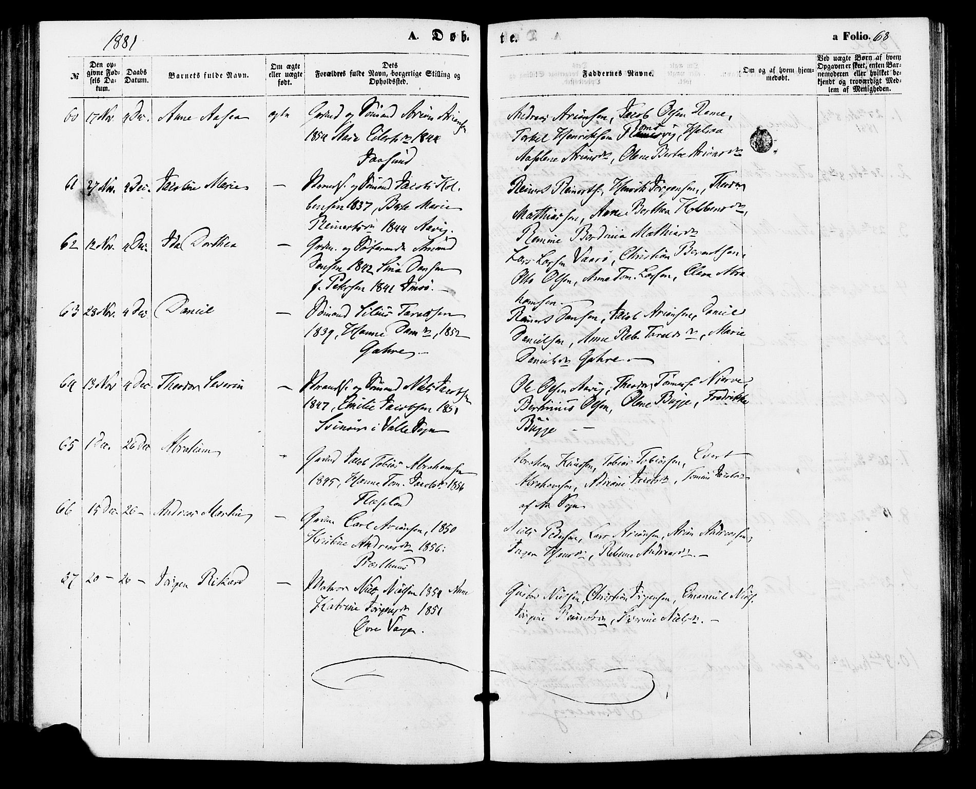 Sør-Audnedal sokneprestkontor, AV/SAK-1111-0039/F/Fa/Faa/L0003: Parish register (official) no. A 3, 1868-1883, p. 68