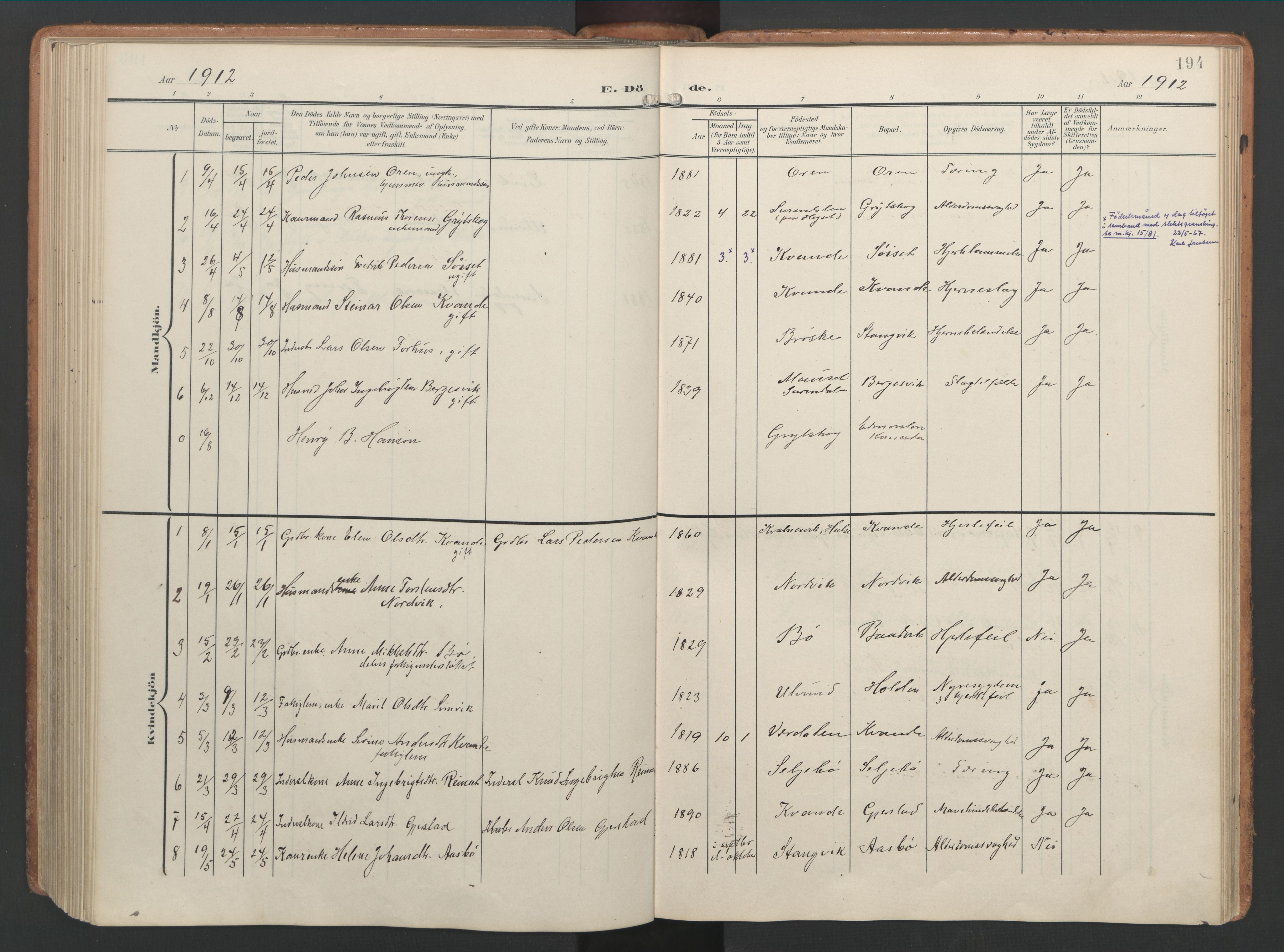 Ministerialprotokoller, klokkerbøker og fødselsregistre - Møre og Romsdal, AV/SAT-A-1454/592/L1030: Parish register (official) no. 592A08, 1901-1925, p. 194