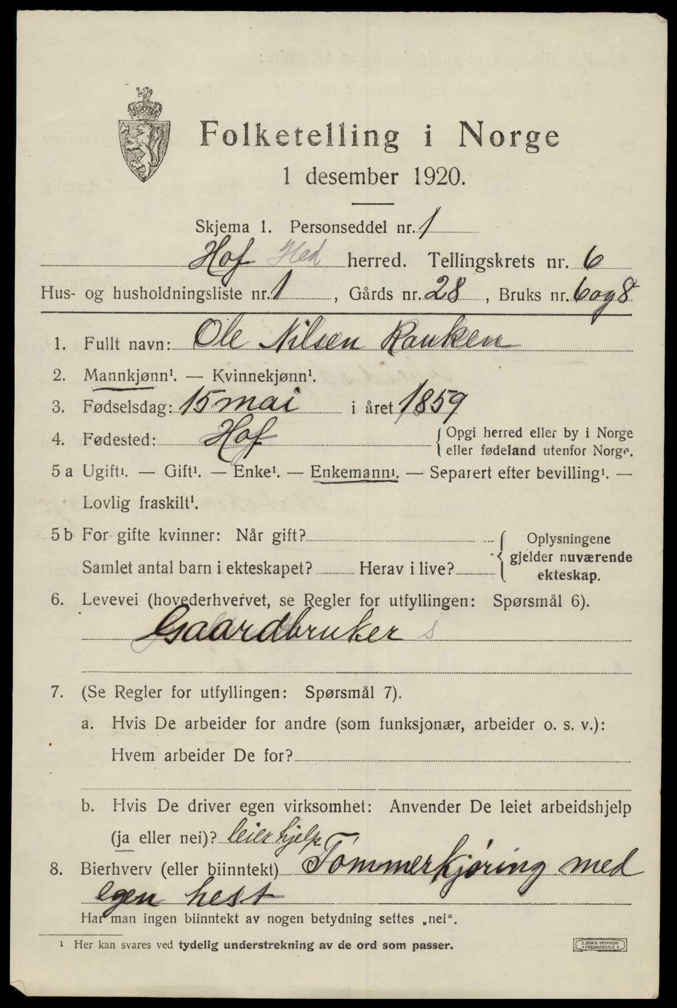 SAH, 1920 census for Hof, 1920, p. 7581