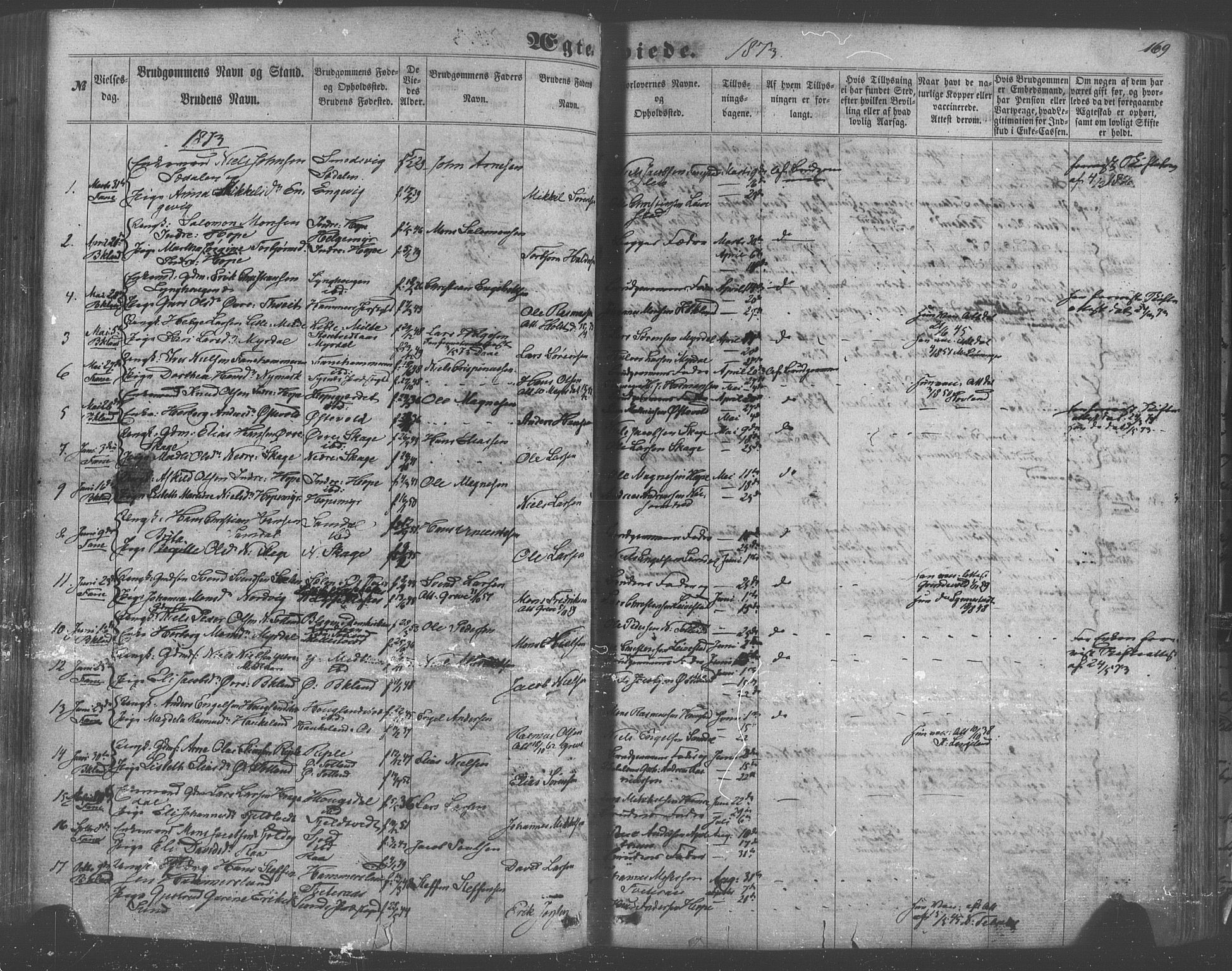 Fana Sokneprestembete, SAB/A-75101/H/Haa/Haaa/L0012: Parish register (official) no. A 12, 1862-1878, p. 169