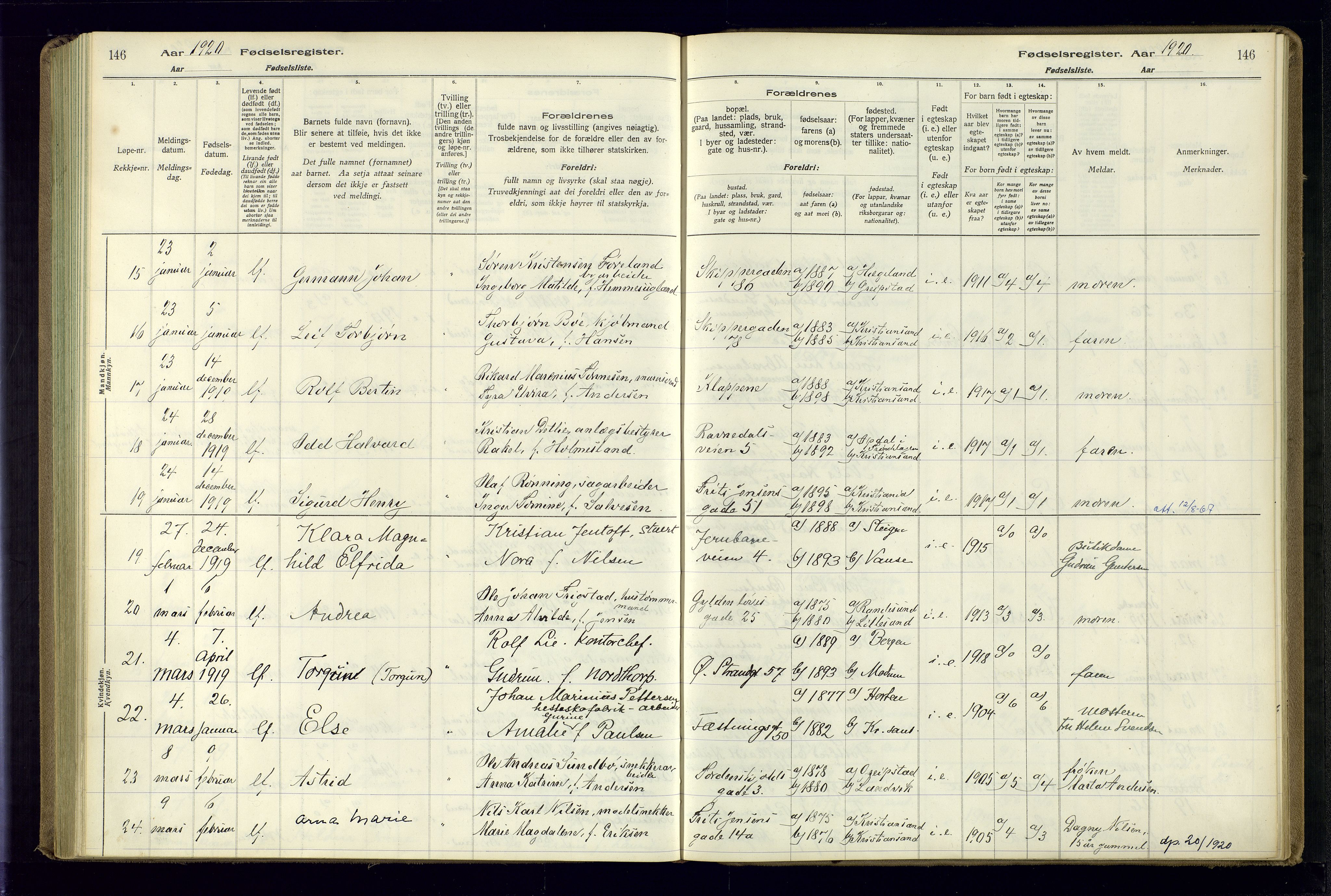 Kristiansand domprosti, AV/SAK-1112-0006/J/Jc/L0001: Birth register no. A-VI-45, 1916-1921, p. 146