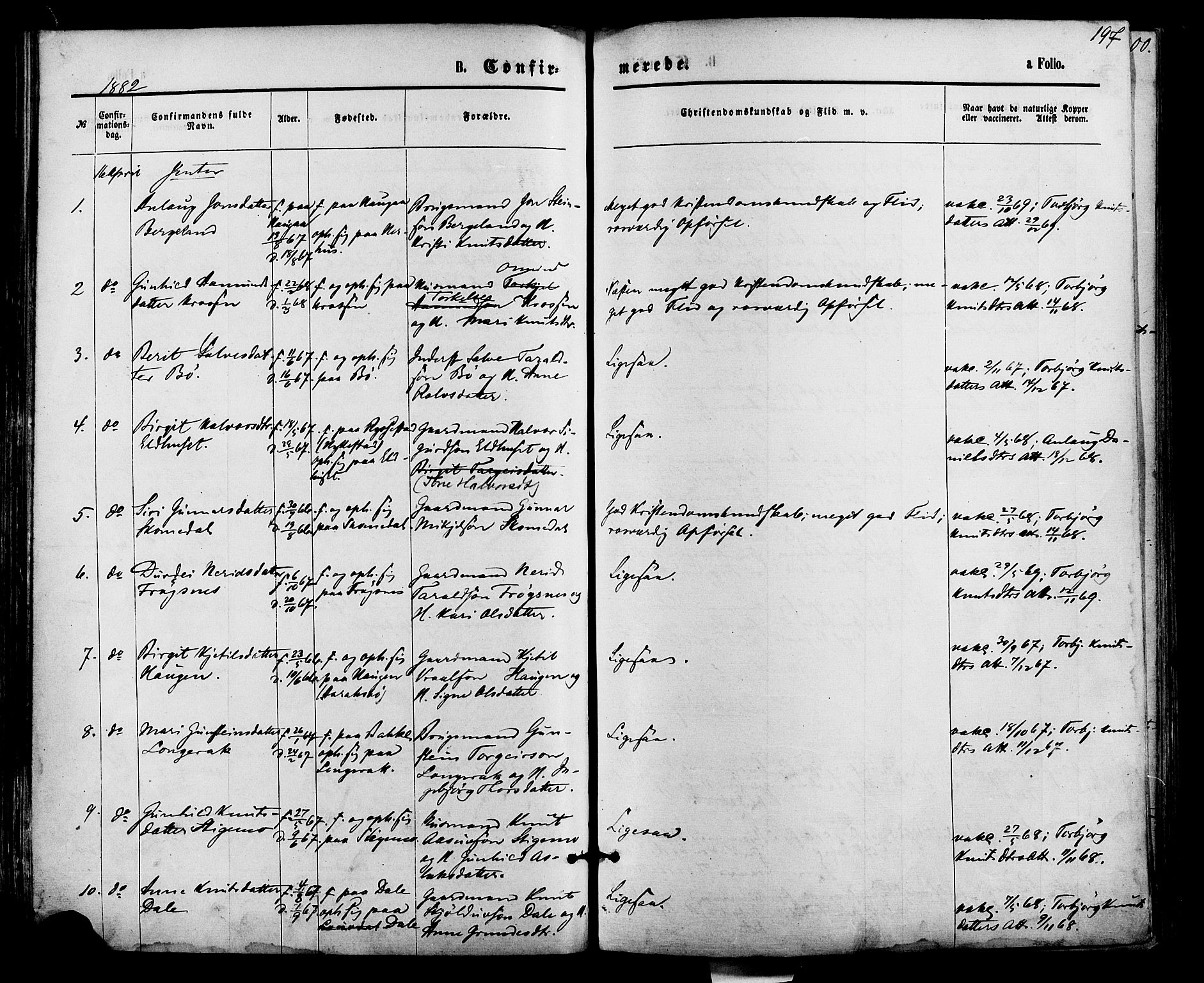 Bygland sokneprestkontor, AV/SAK-1111-0006/F/Fa/Fab/L0006: Parish register (official) no. A 6, 1873-1884, p. 197