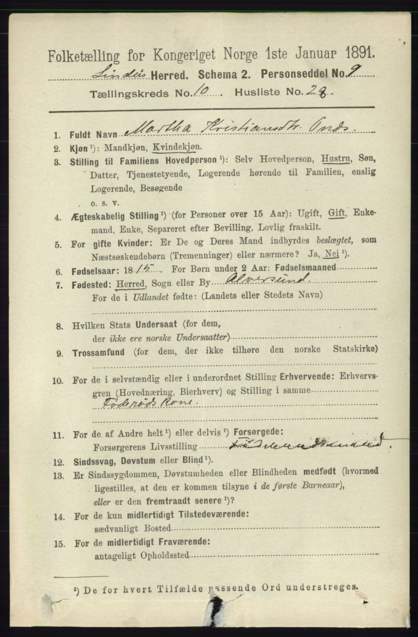 RA, 1891 census for 1263 Lindås, 1891, p. 3610