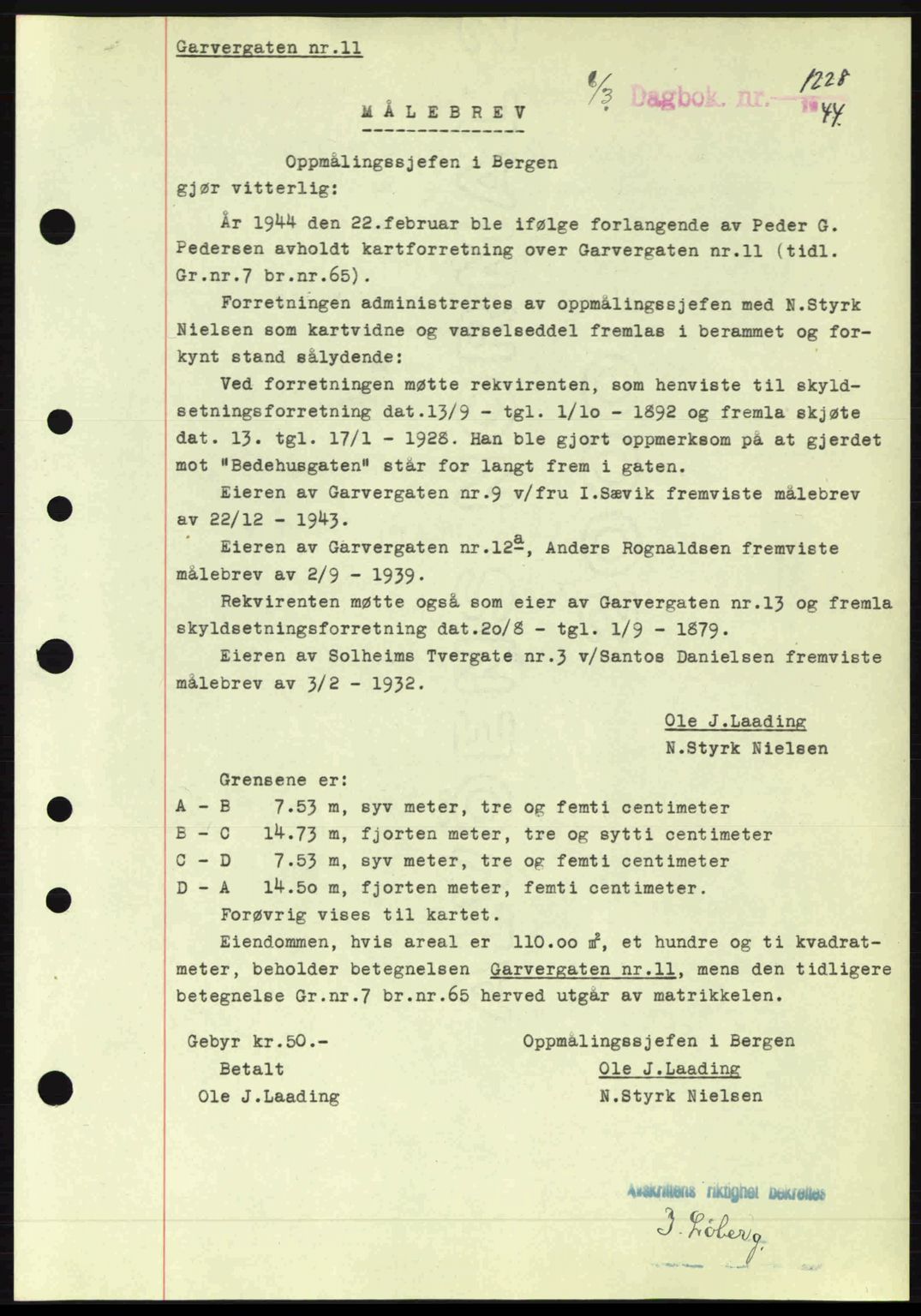 Byfogd og Byskriver i Bergen, AV/SAB-A-3401/03/03Bc/L0019: Mortgage book no. A16, 1944-1944, Diary no: : 1228/1944