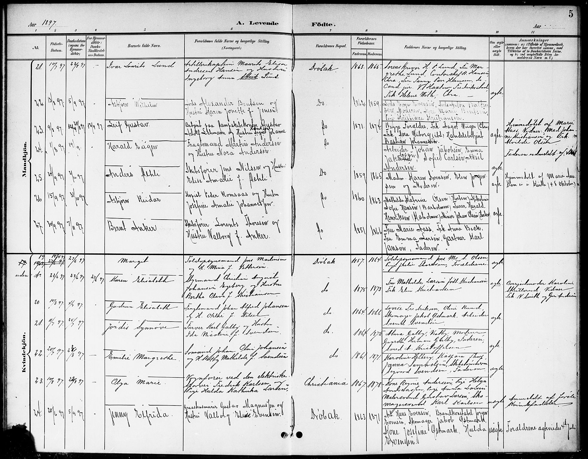 Drøbak prestekontor Kirkebøker, AV/SAO-A-10142a/G/Ga/L0001: Parish register (copy) no. I 1, 1897-1917, p. 5