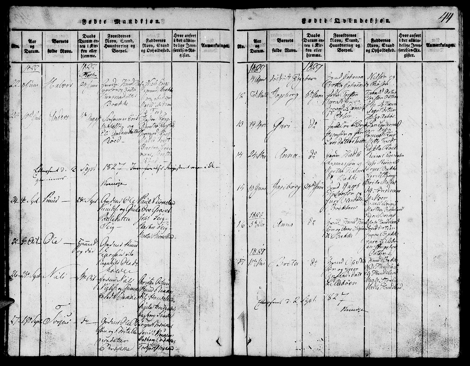 Suldal sokneprestkontor, AV/SAST-A-101845/01/V/L0002: Parish register (copy) no. B 2, 1816-1845, p. 44