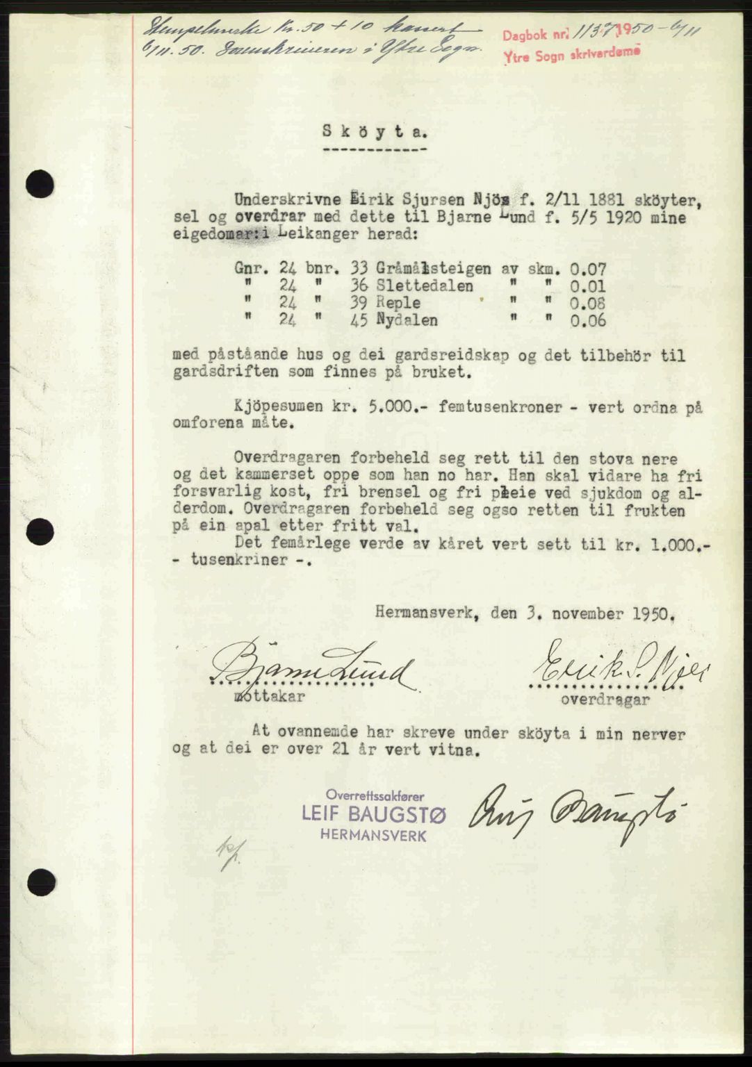 Ytre Sogn tingrett, SAB/A-2601/1/G/Gbb/L0009: Mortgage book no. A6 - A7 (B4), 1950-1950, Diary no: : 1137/1950