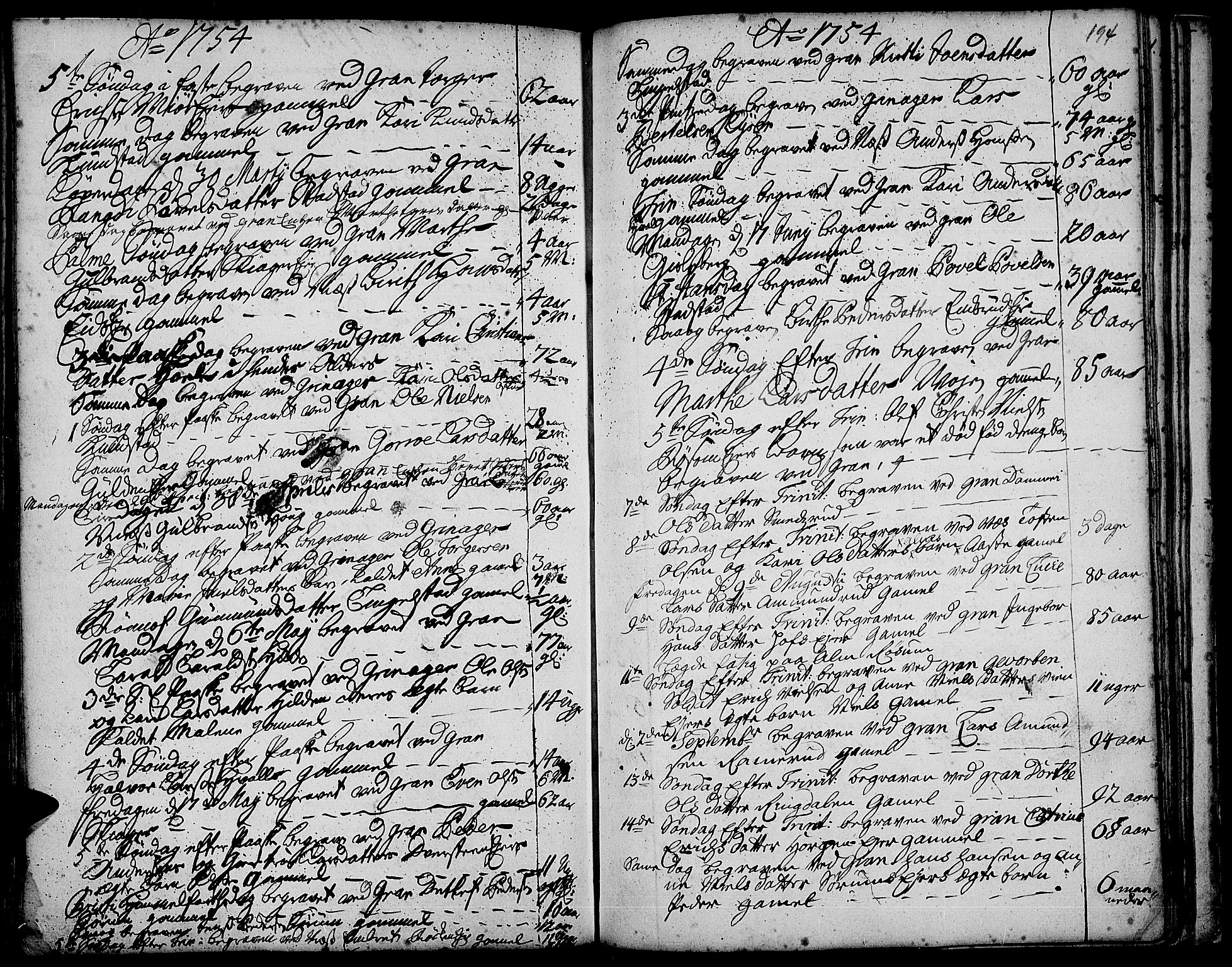 Gran prestekontor, SAH/PREST-112/H/Ha/Haa/L0003: Parish register (official) no. 3, 1745-1758, p. 194