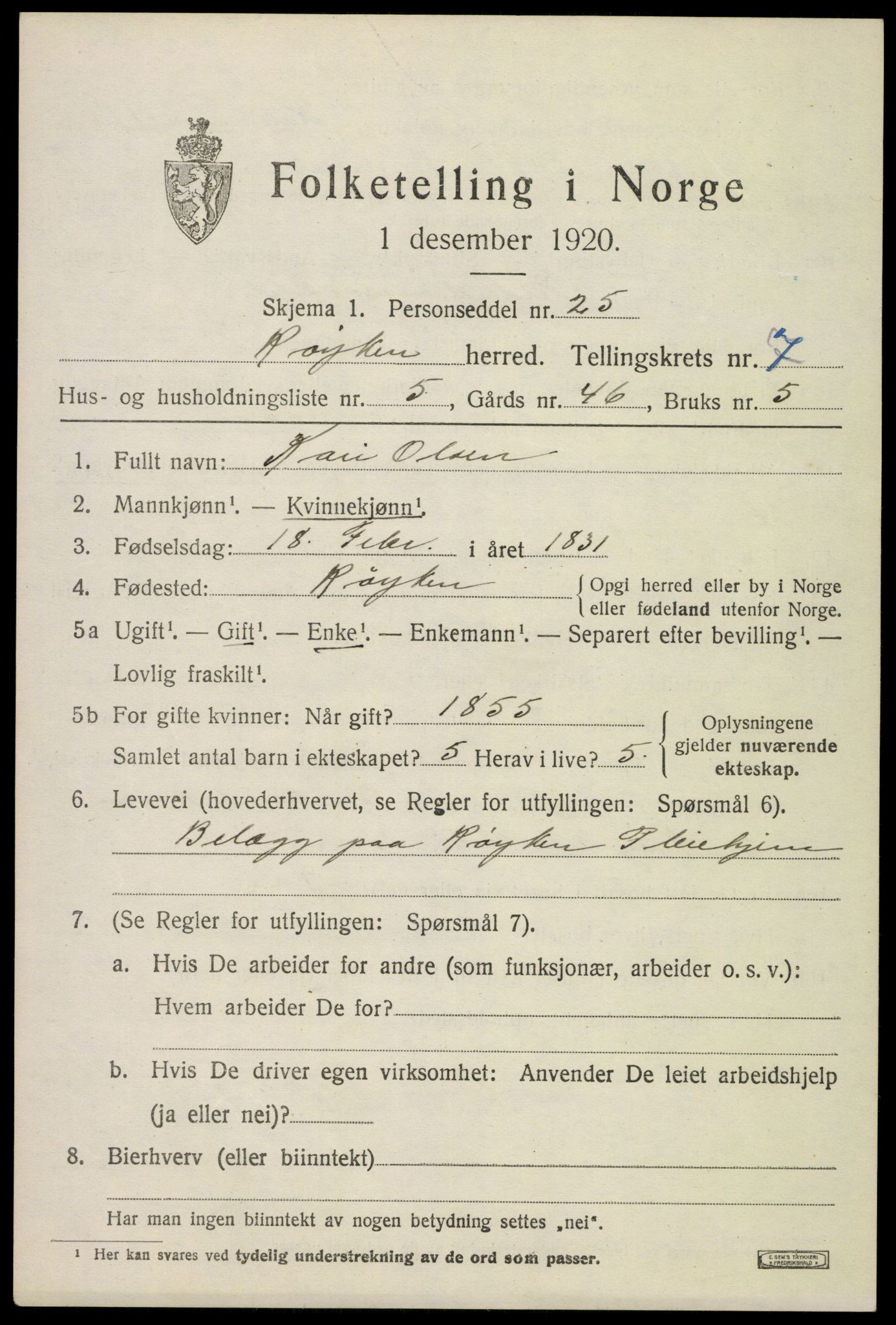 SAKO, 1920 census for Røyken, 1920, p. 11366