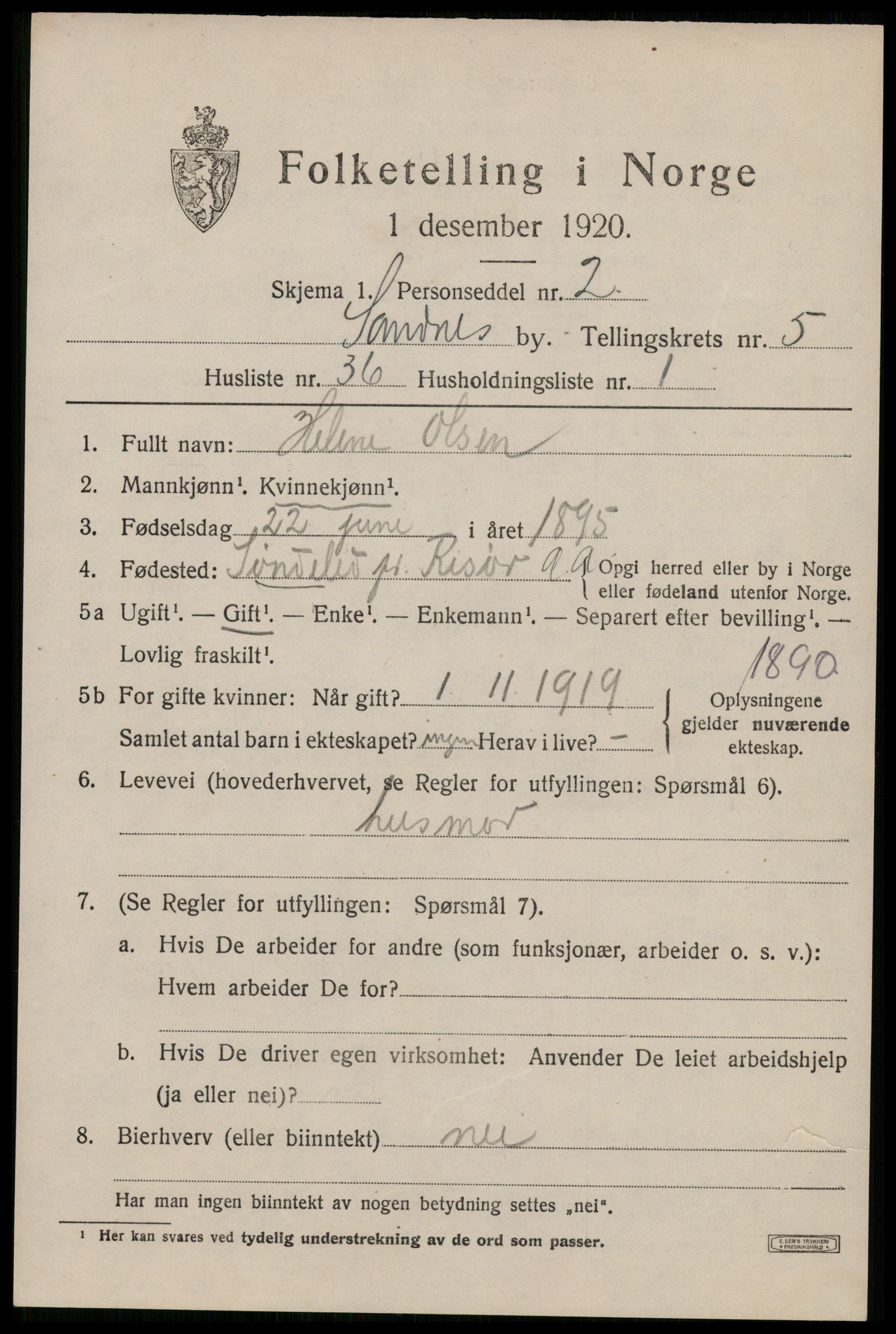 SAST, 1920 census for Sandnes, 1920, p. 5126