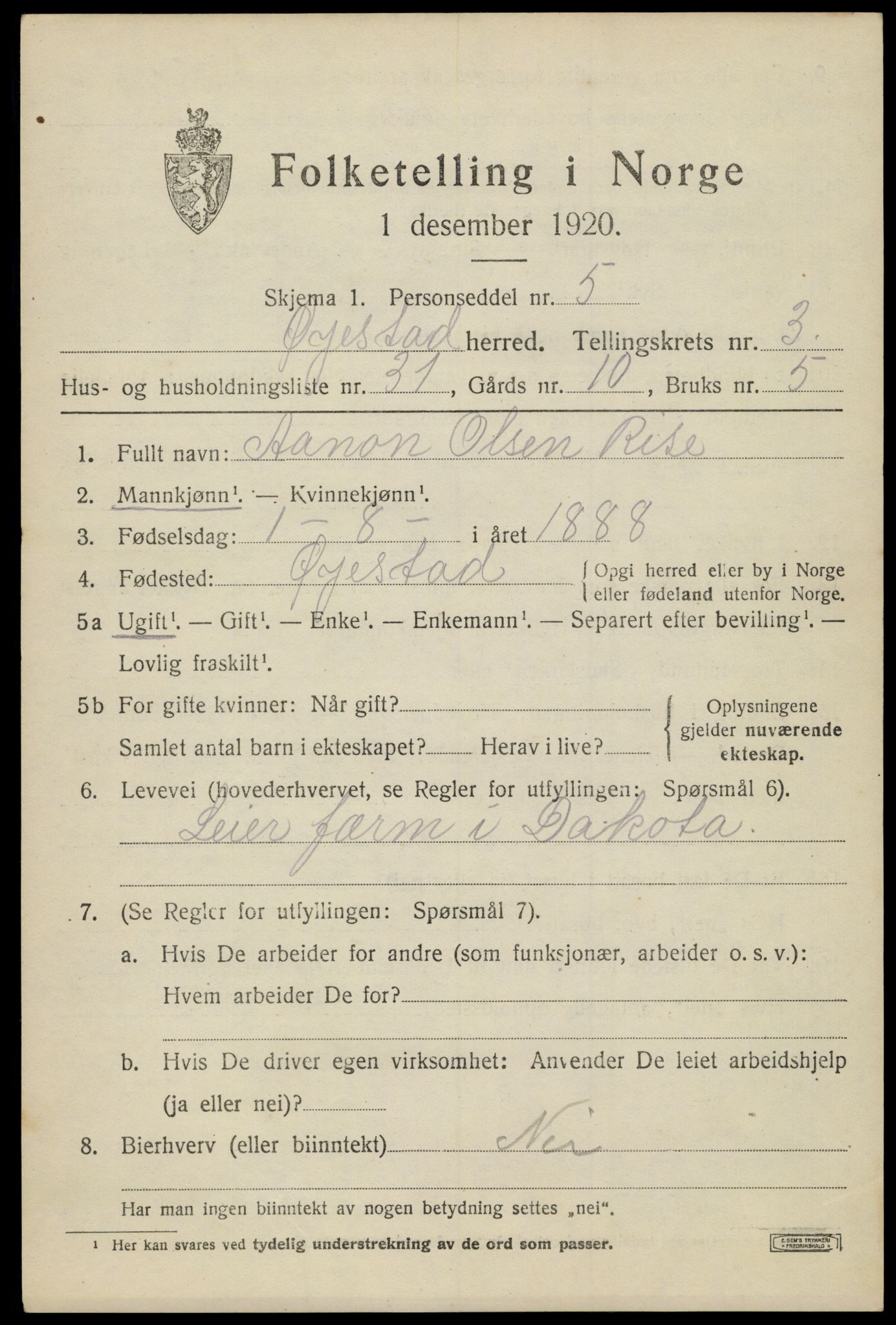 SAK, 1920 census for Øyestad, 1920, p. 3014