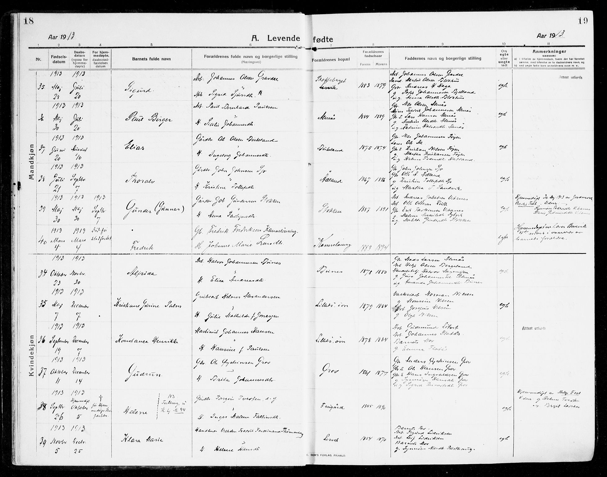 Stord sokneprestembete, SAB/A-78201/H/Haa: Parish register (official) no. B 3, 1913-1925, p. 18-19